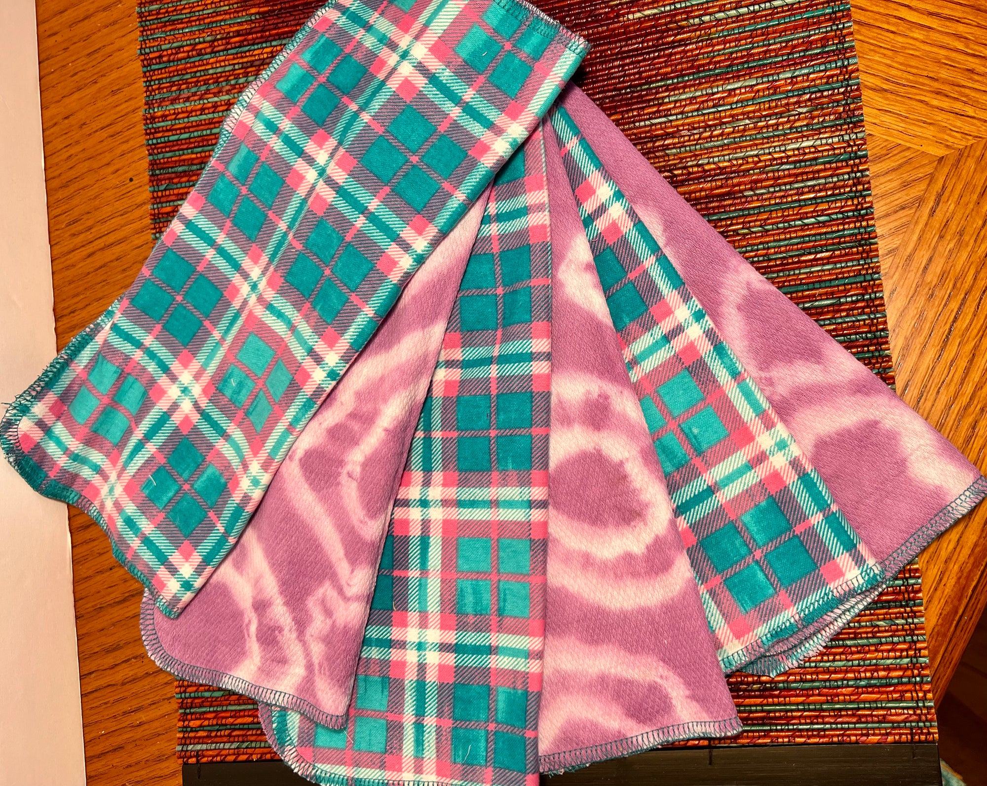 Premium Non Paper Towels Napkins with Hand Dyed Fabric and Turquoise and Pink Plaid 10" x 12"