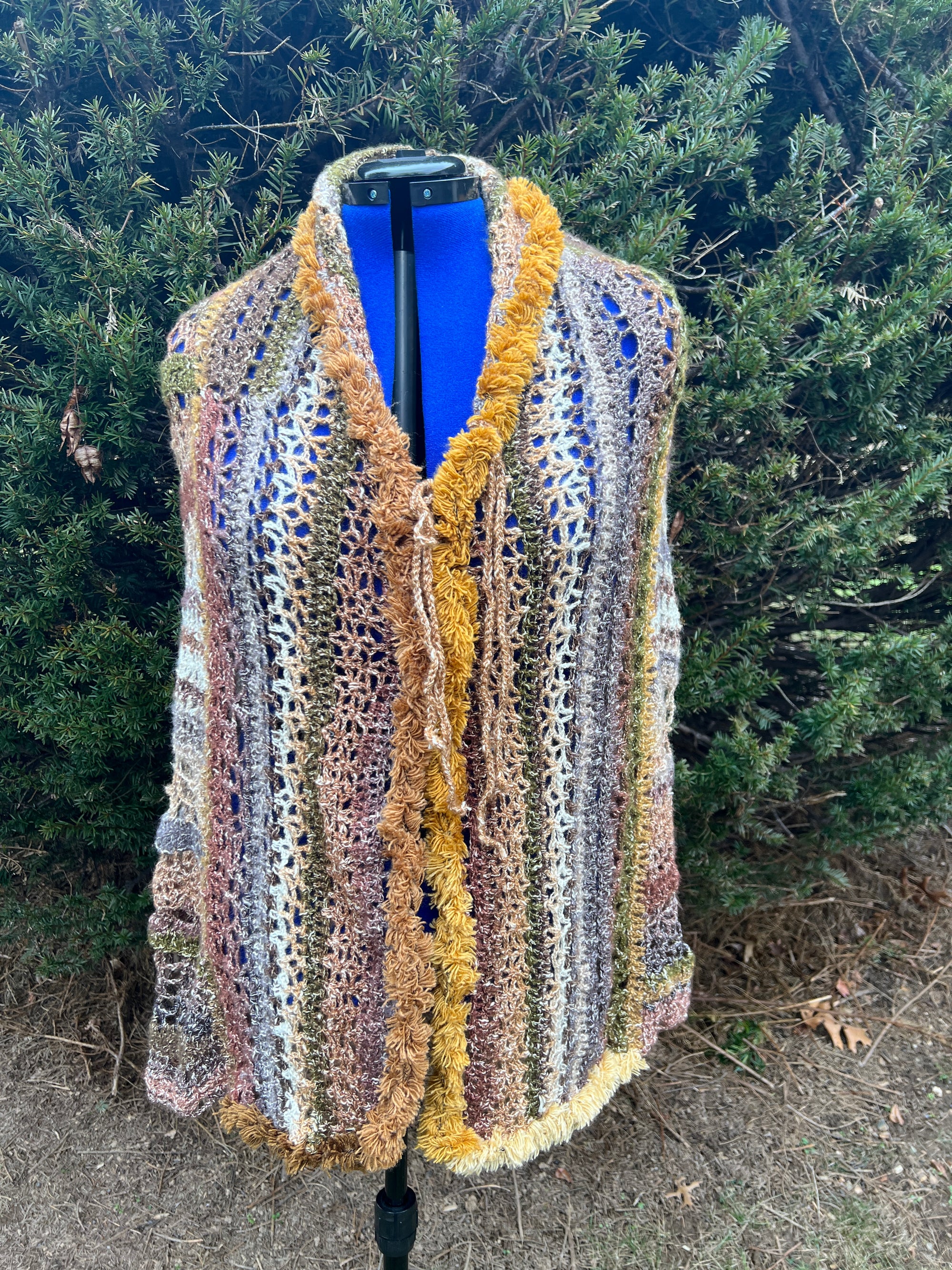 Gold Brown Mustard Crochet Open Weave Metallic Cape