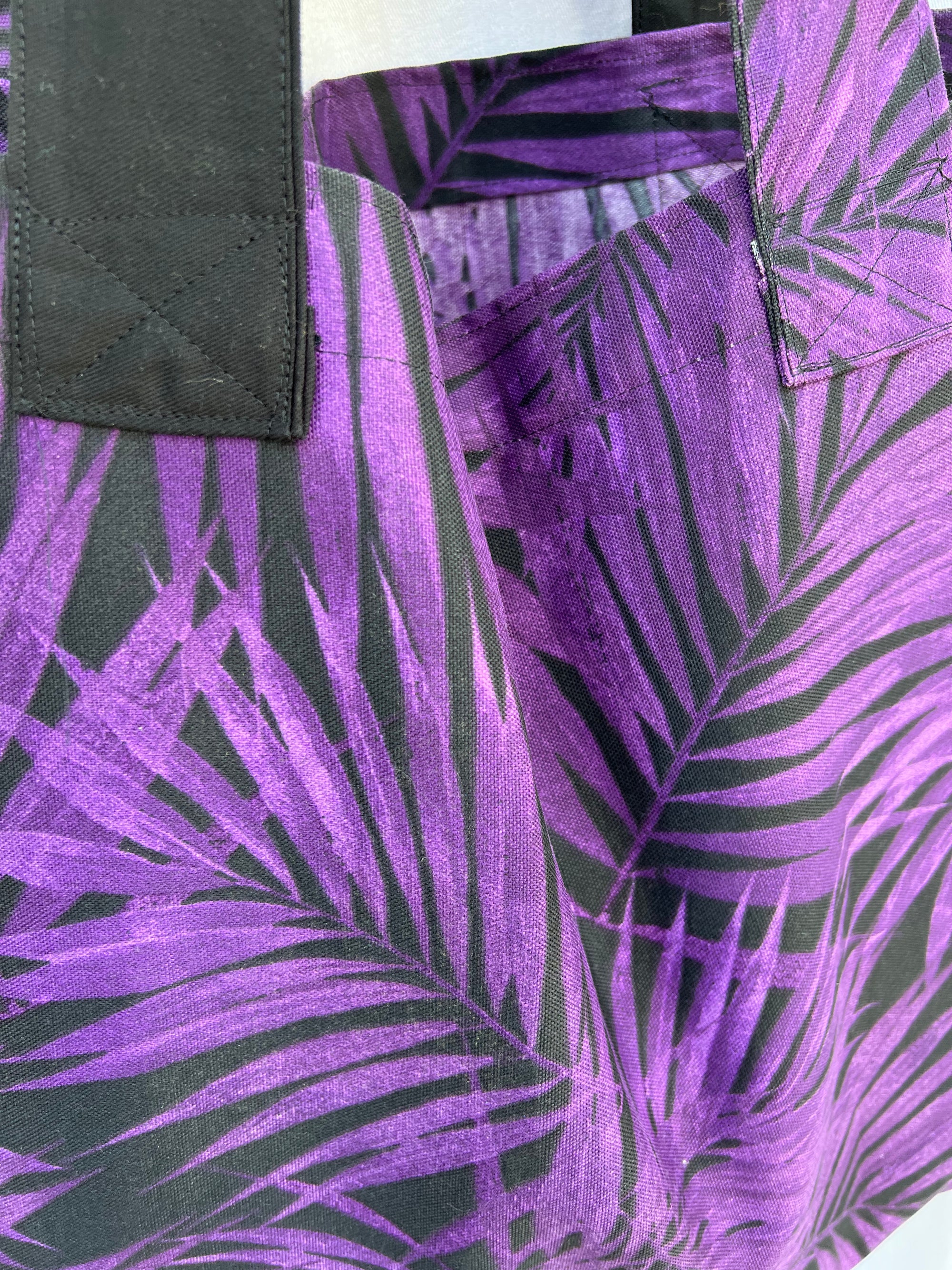 Carry all Grocery Market Tote Bag Waterproof Purple Black Leaves