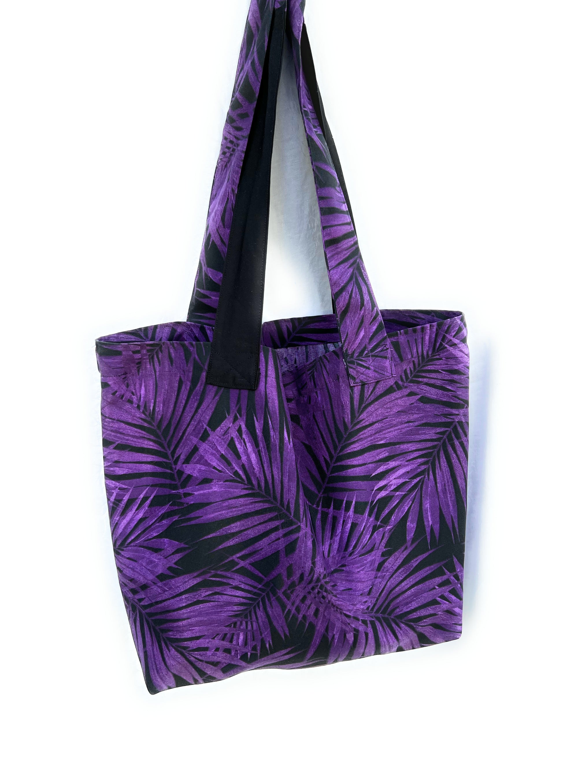 Carry all Grocery Market Tote Bag Waterproof Purple Black Leaves