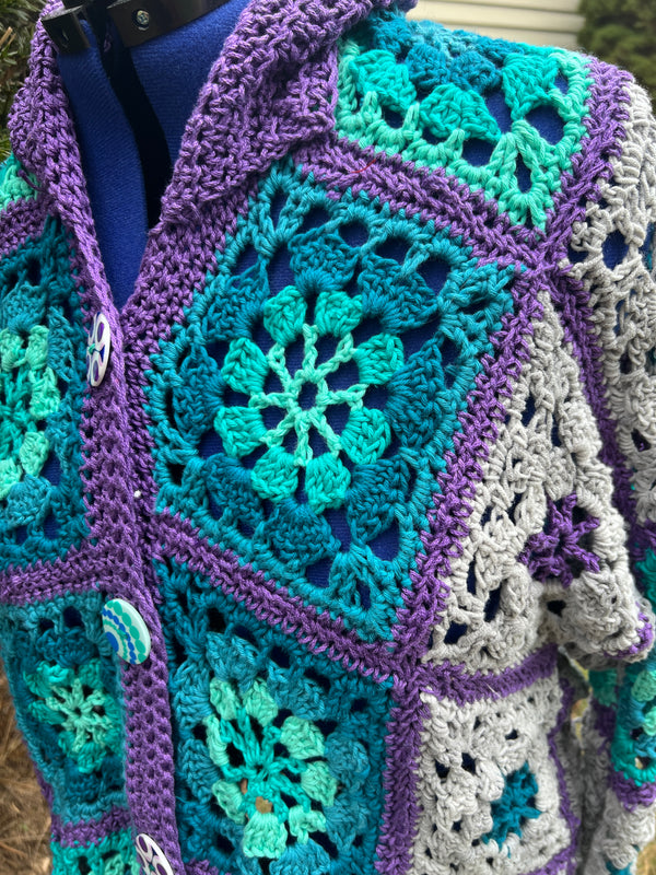 Turquoise Purple Gray Granny Square Jacket - GlowGirl Fibers