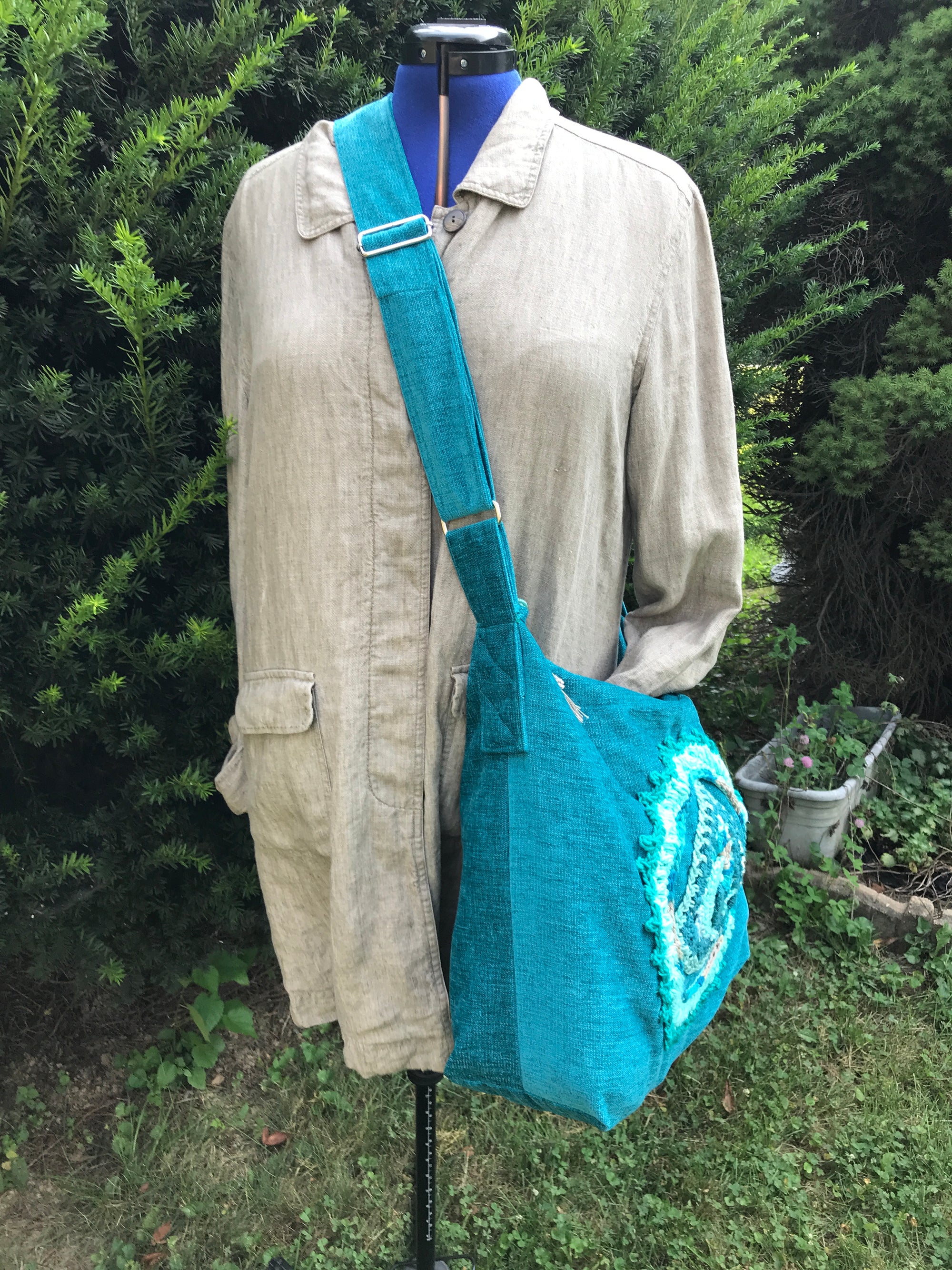 Large Tote Bag Weekender Teal Blue Crochet Accent