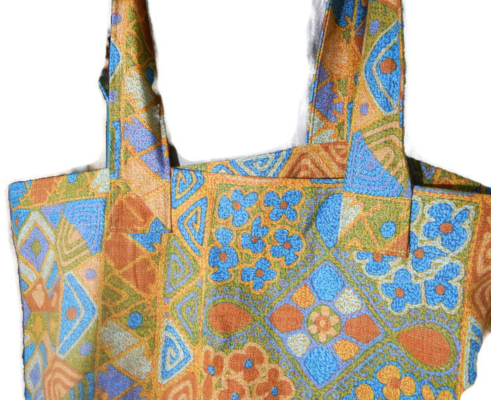 Fabric Grocery Bag Carry All Tote Bag Gold and turquoise