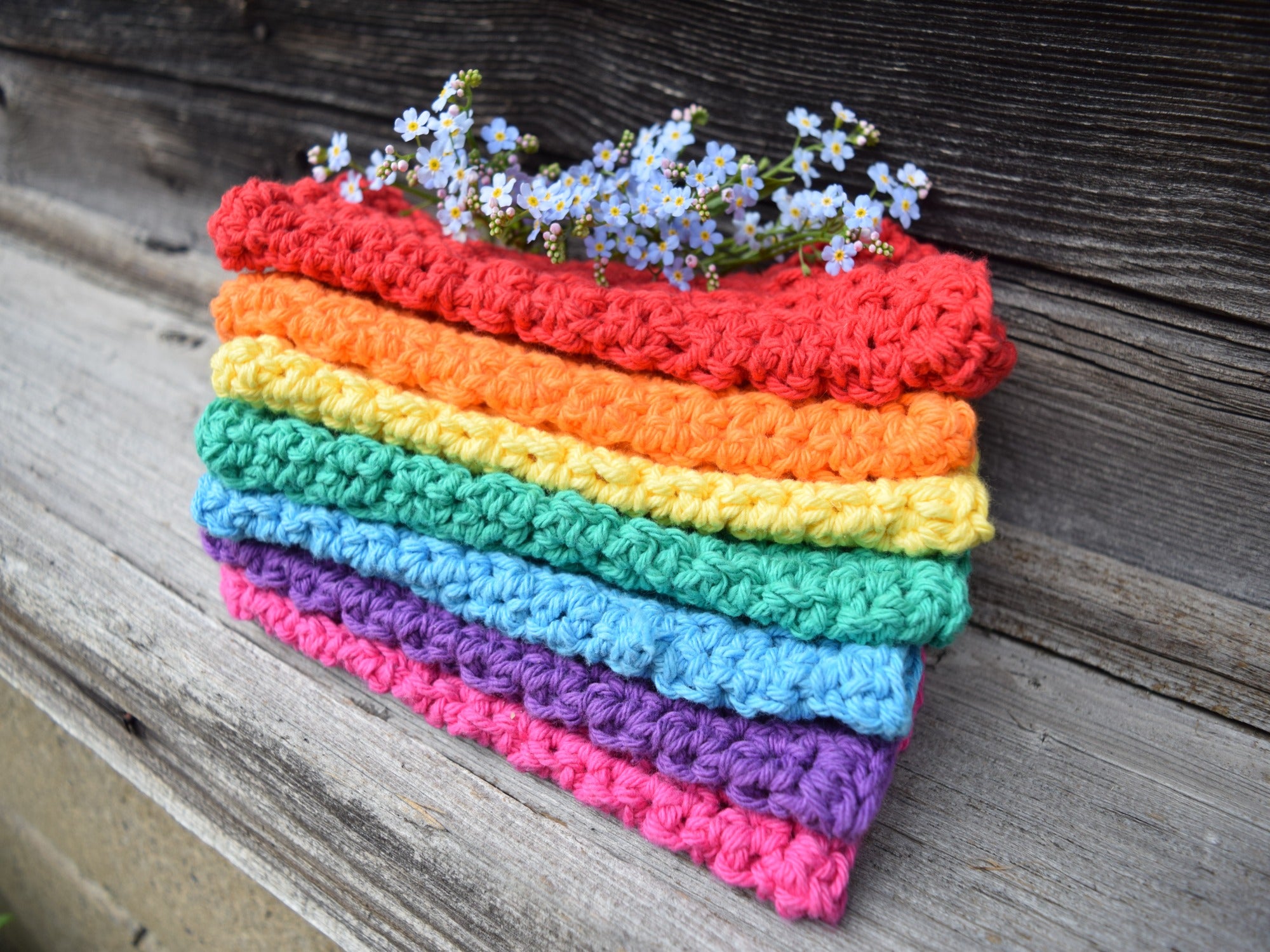 Set of 3 or 7 Rainbow Crochet Wash Cloth, Dish Cloth Set