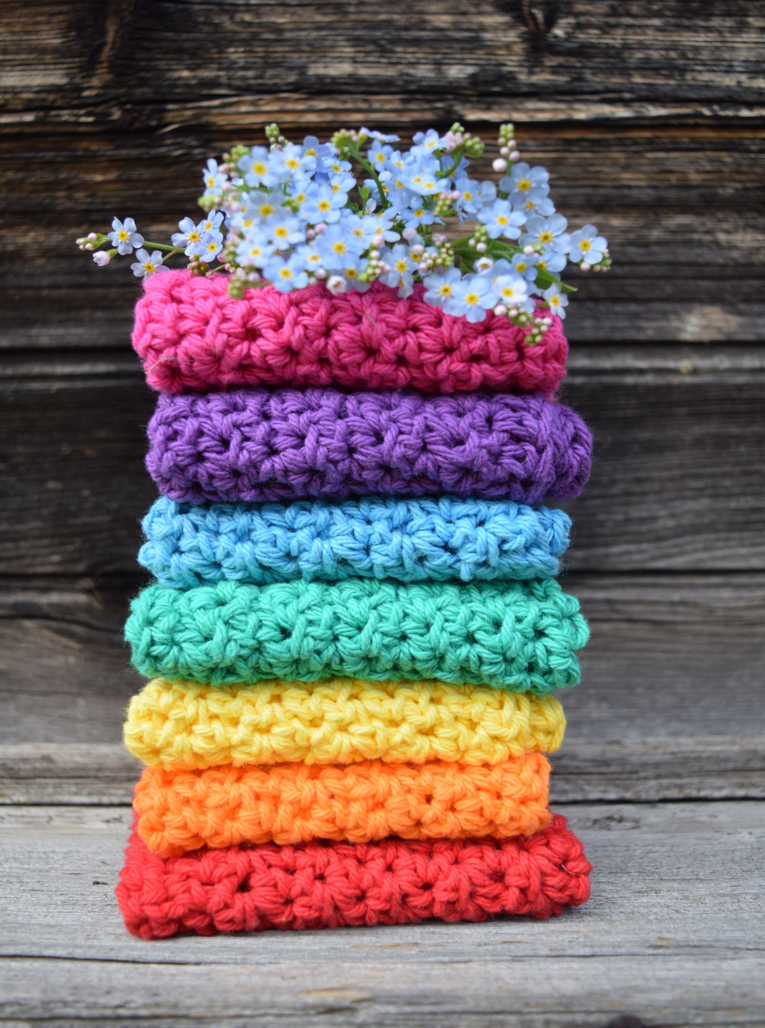 Set of 3 or 7 Rainbow Crochet Wash Cloth, Dish Cloth Set