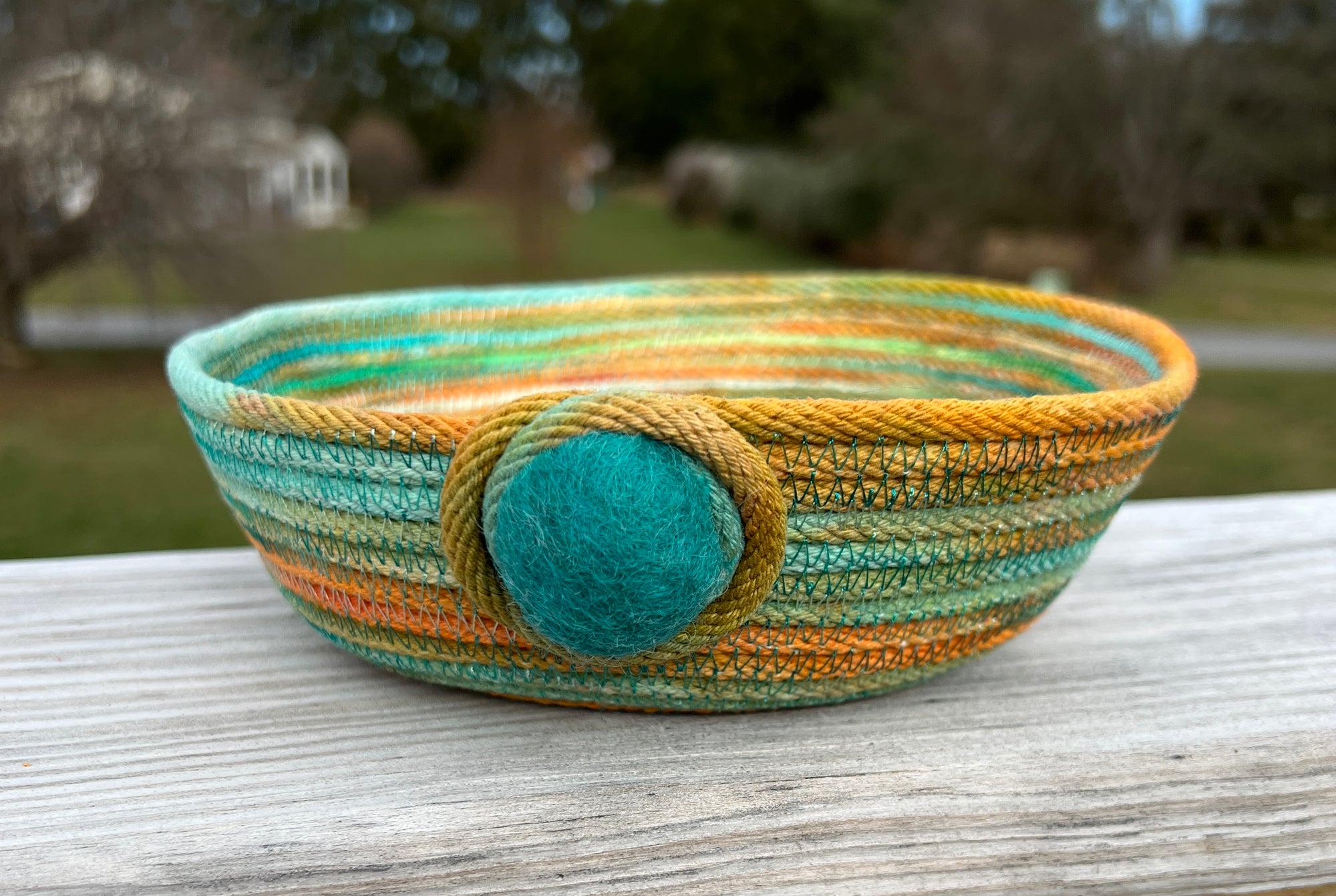 Coiled Rope Bowl Ice Dyed in Turquoise and Orange