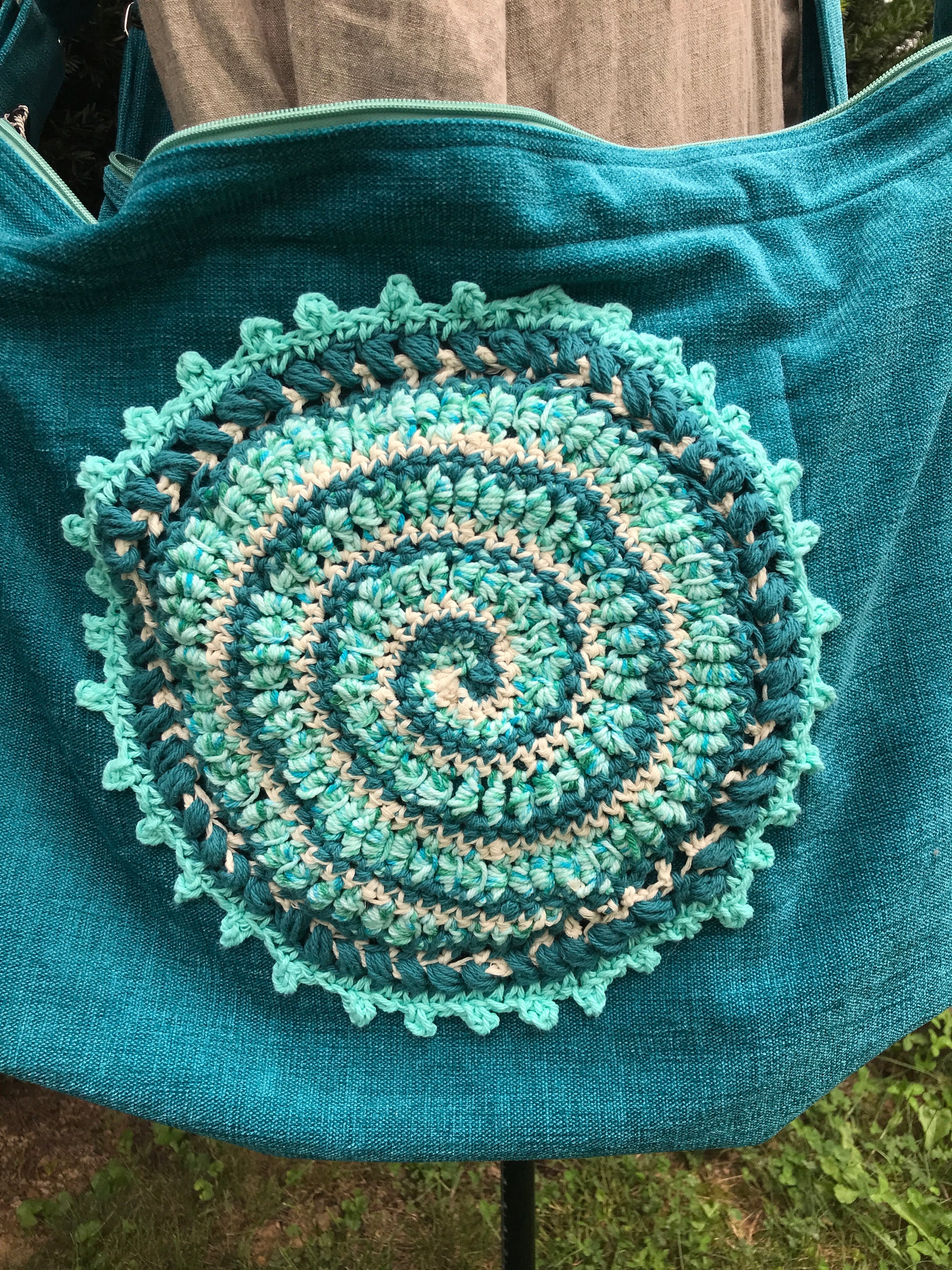 Large Tote Bag Weekender Teal Blue Mandala Accent