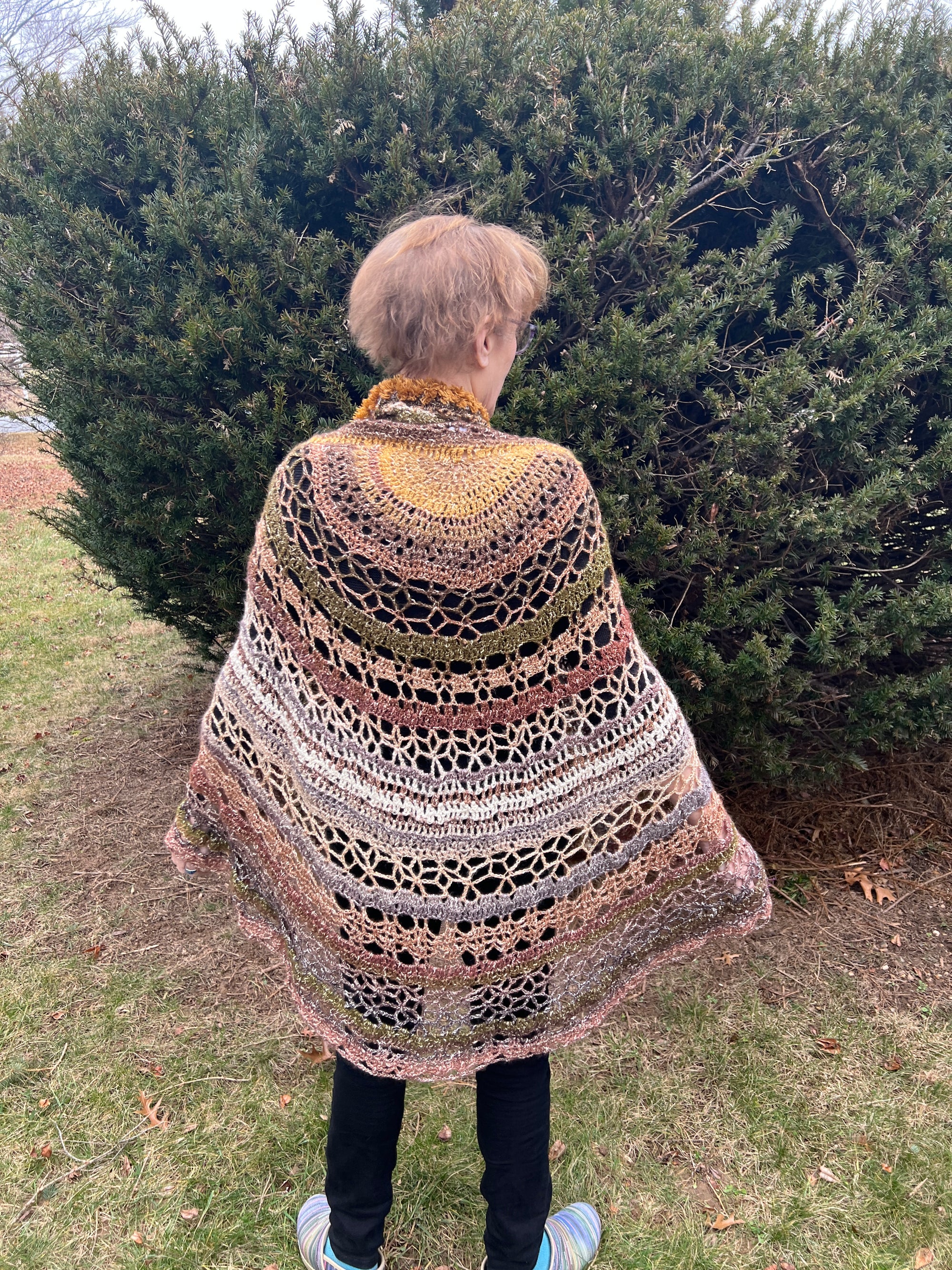 Gold Brown Mustard Crochet Open Weave Metallic Cape