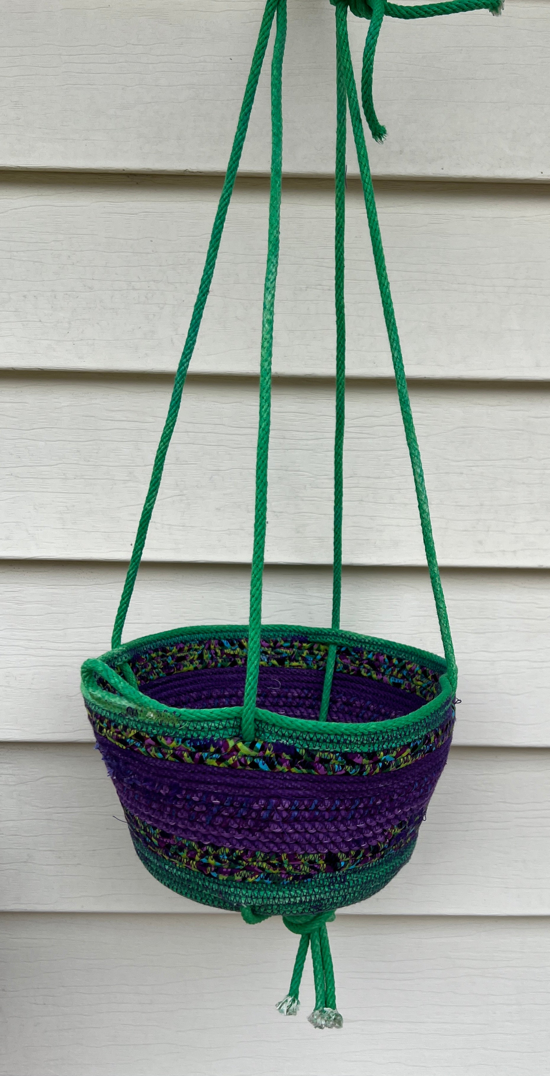 rope hanging plant basket Hanging 6" Planter - Coiled Rope Basket Purple and Green