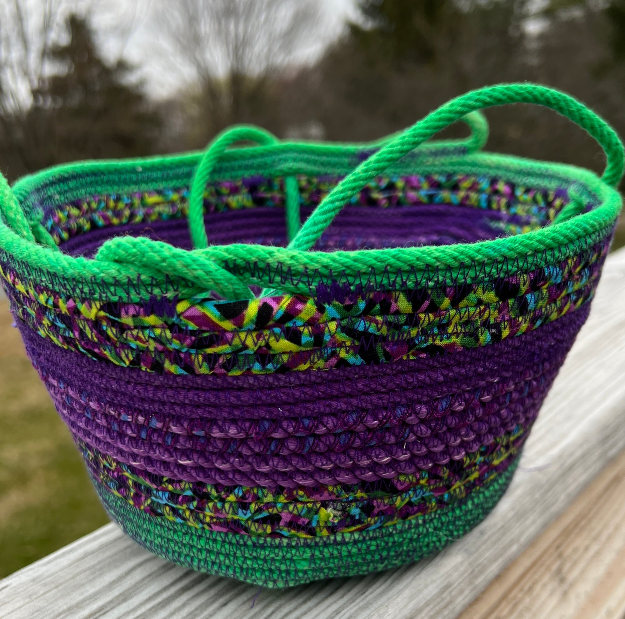 Hanging 6" Planter - Coiled Rope Basket Purple and Green