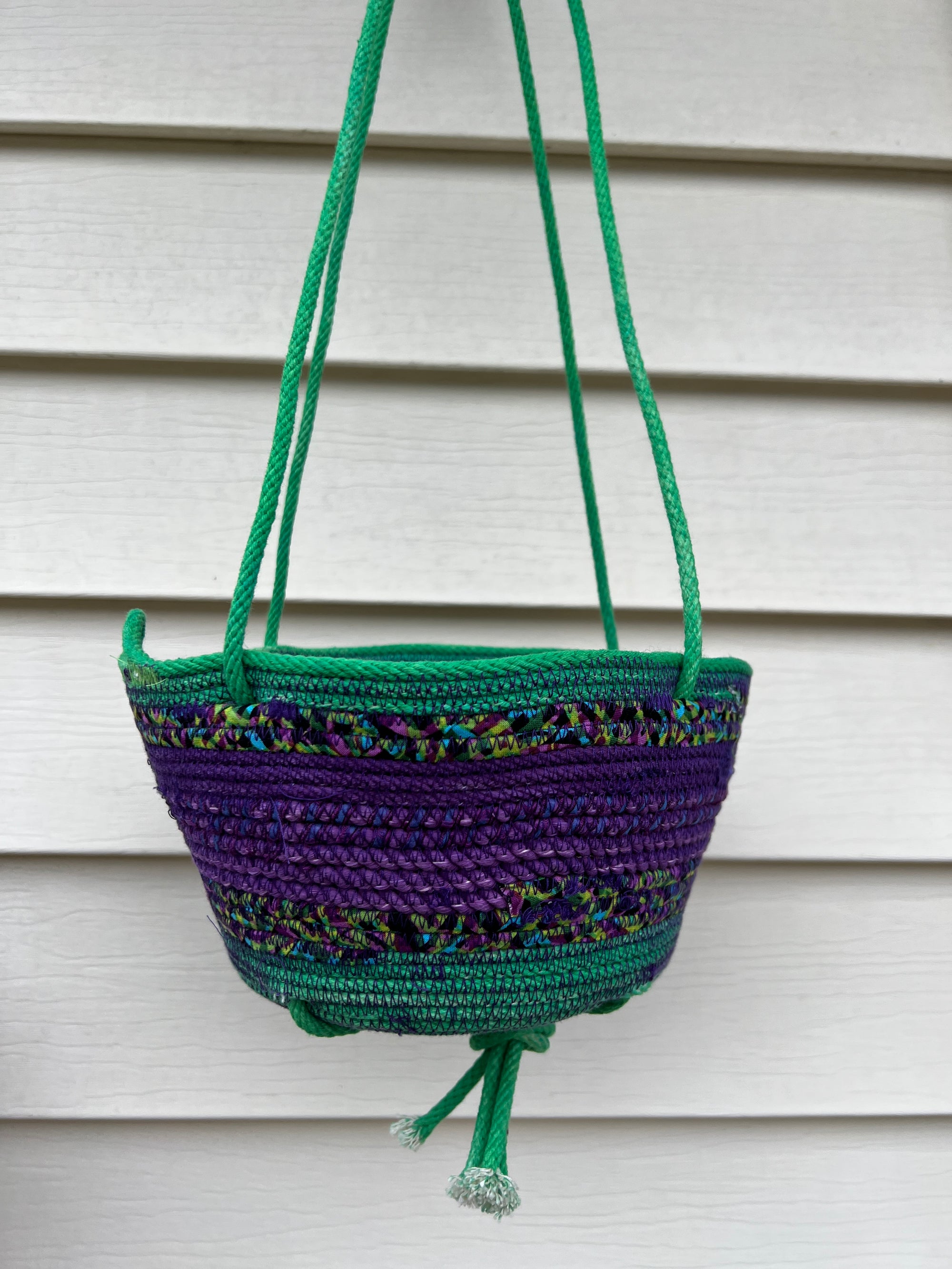 Hanging 6" Planter - Coiled Rope Basket Purple and Green