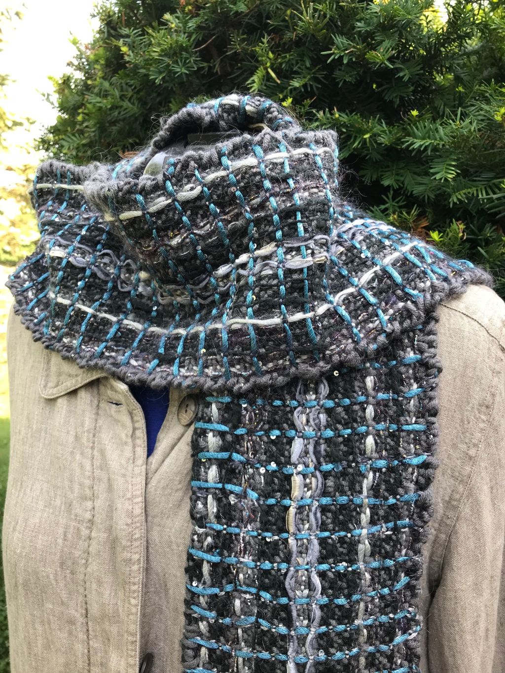 Woven Scarf Black Silver turquoise Amplifier Scarf