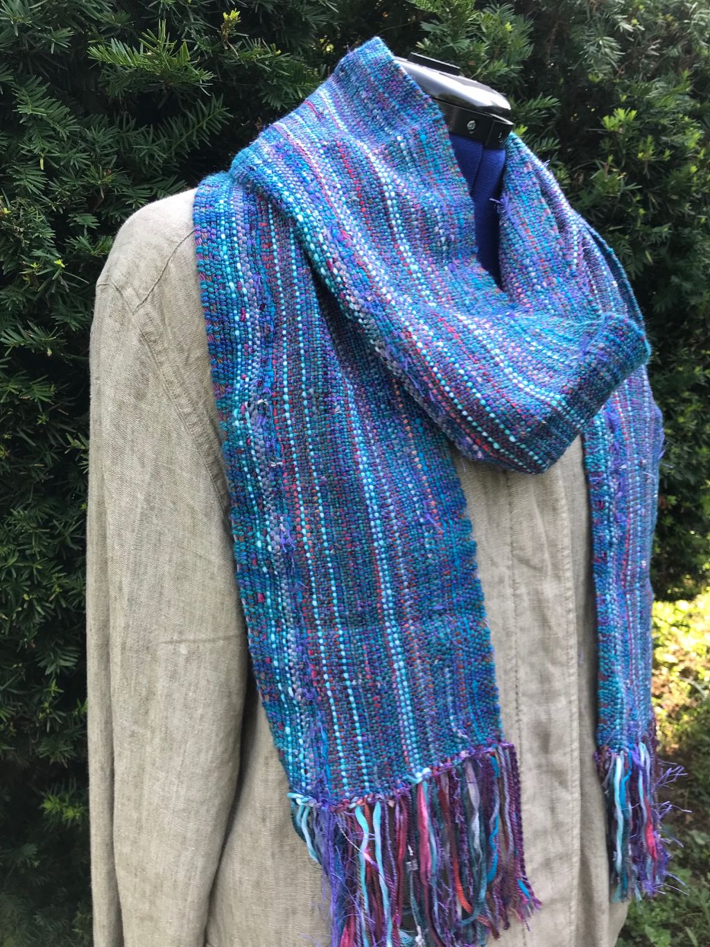 Woven Scarf Cotton Soft Blue Silk Wool Cotton Blend