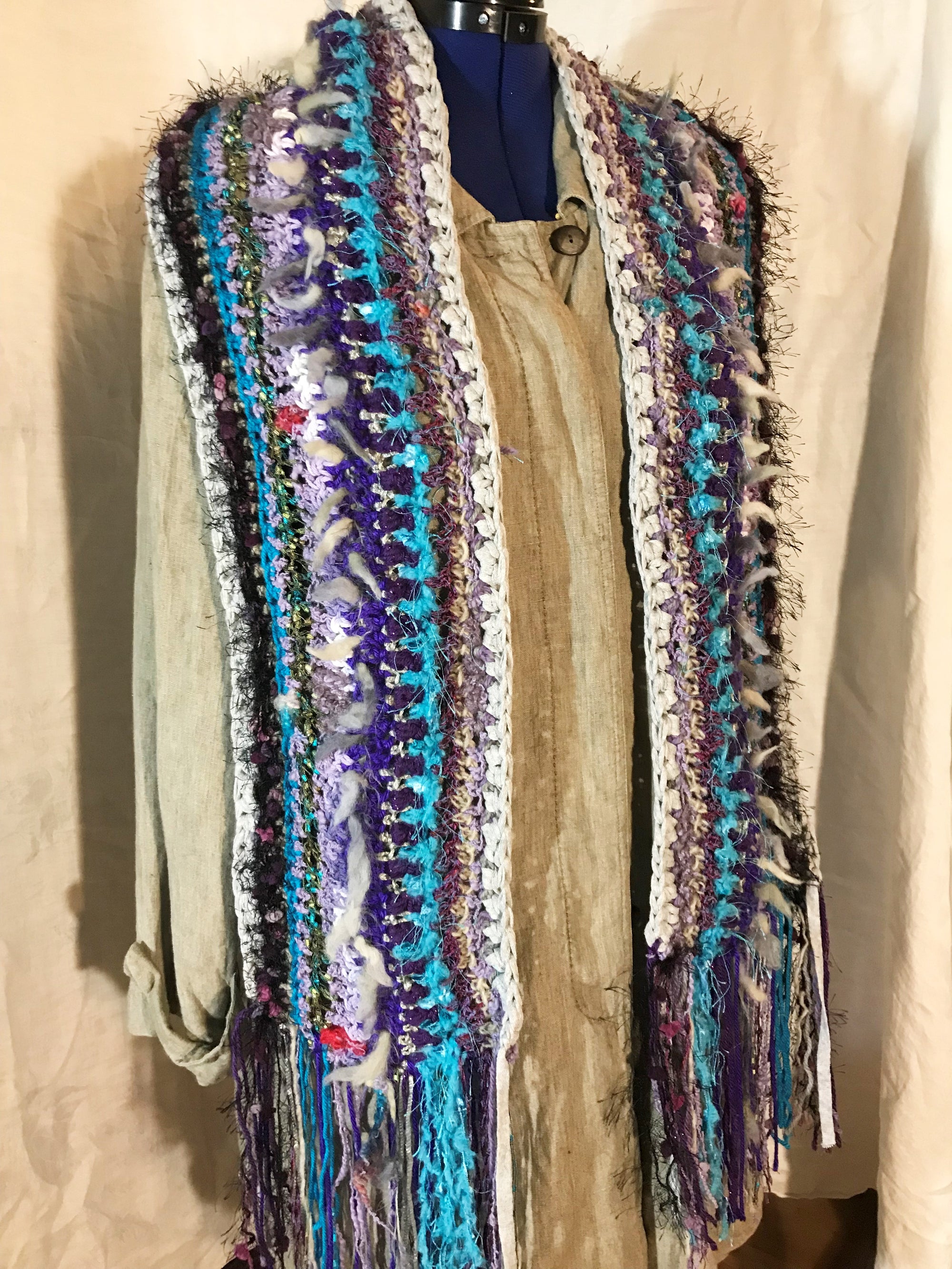 Crocheted Scarf Blue Gray Purple Art Yarn