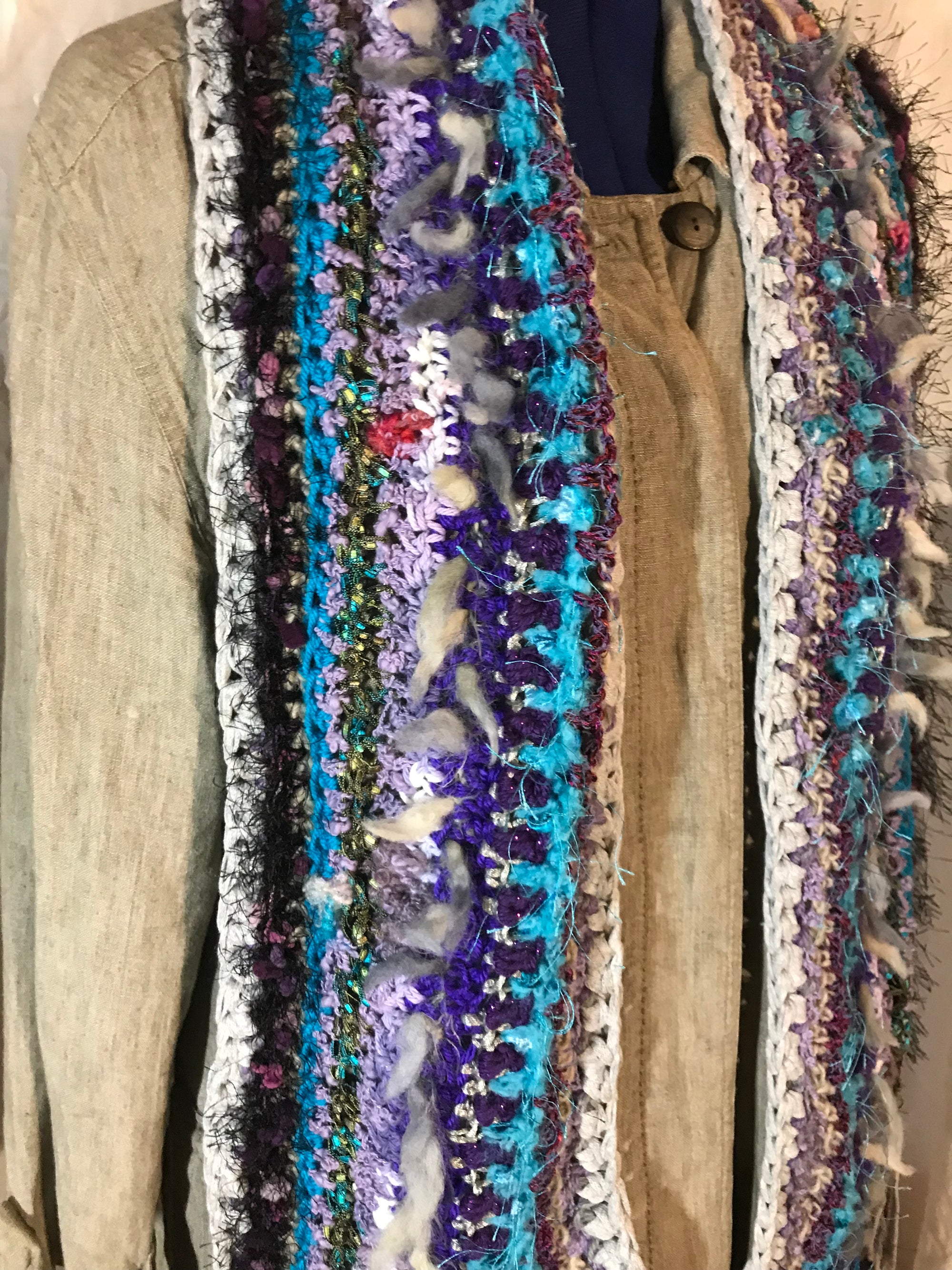 Crocheted Scarf Blue Gray Purple Art Yarn