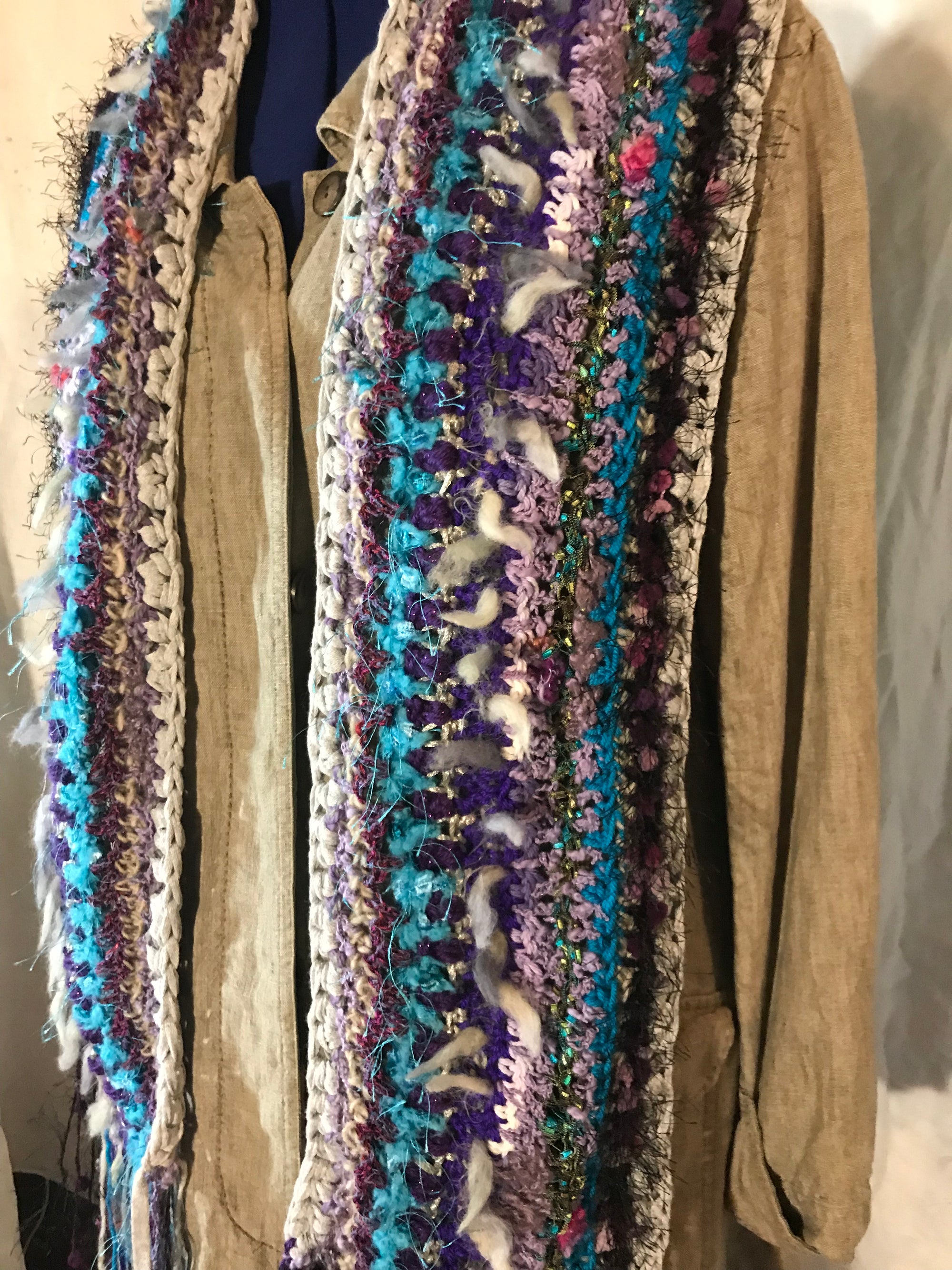 Crocheted Scarf Blue Gray Purple Art Yarn