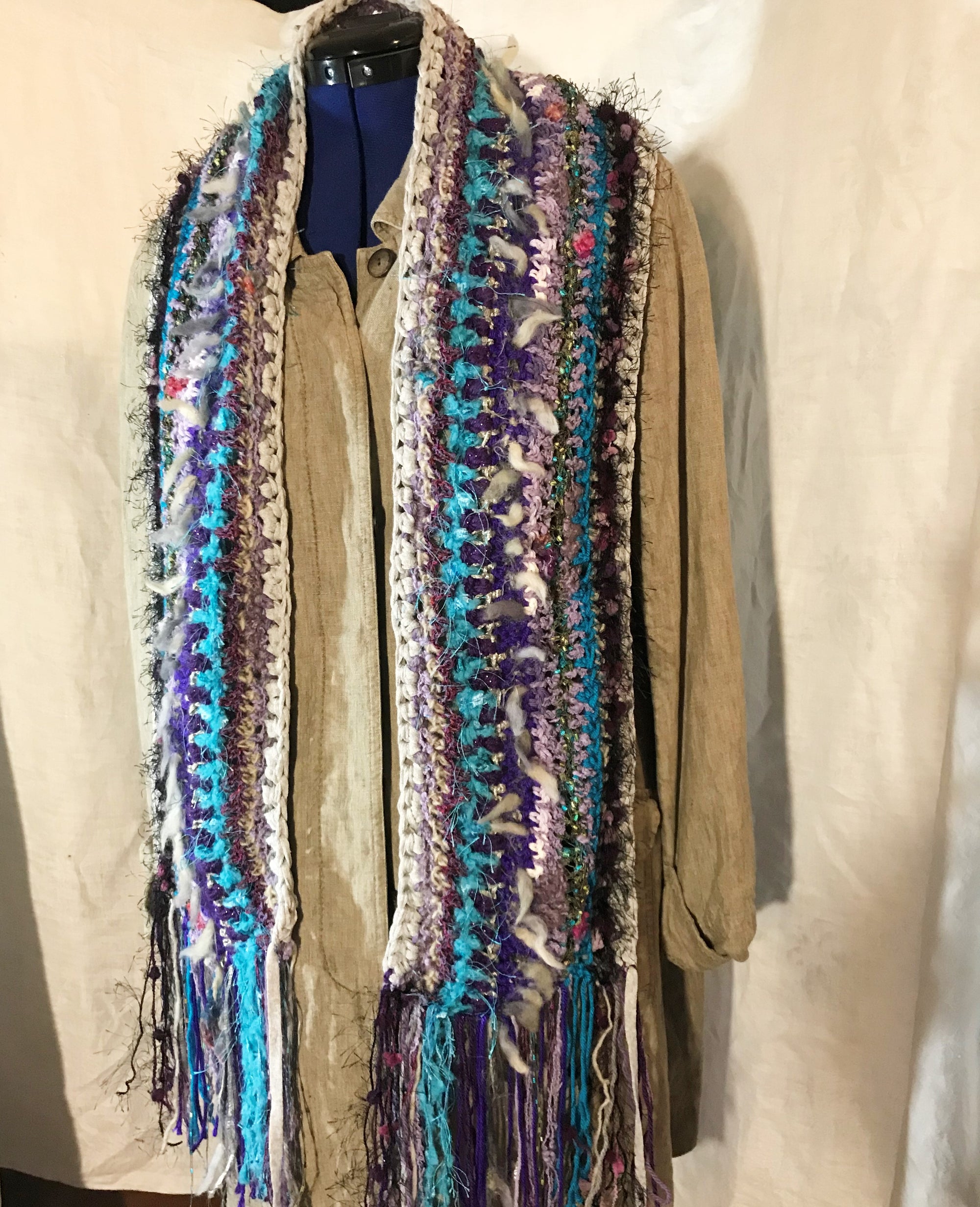 Crocheted Scarf Blue Gray Purple Art Yarn