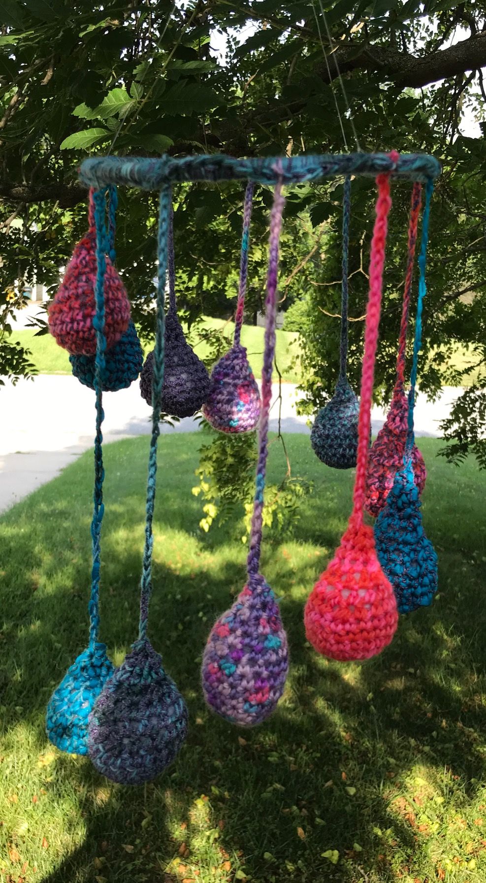 Hanging Mobile Raindrops Teardrops in Blues Purples and Pinks
