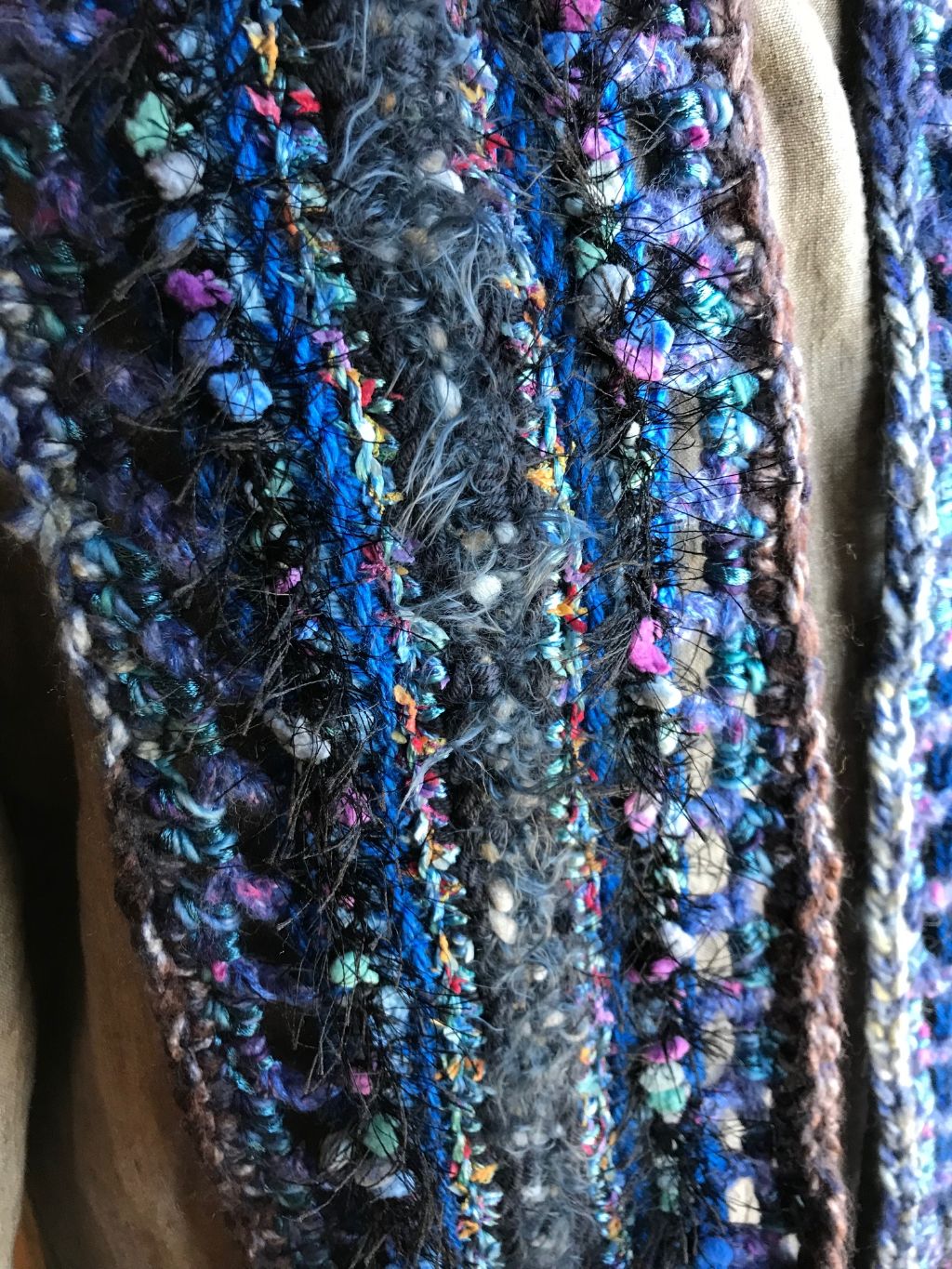 Crocheted Scarf Blue Black Gray Art Yarn