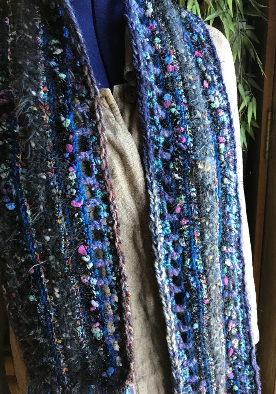 Crocheted Scarf Blue Black Gray Art Yarn