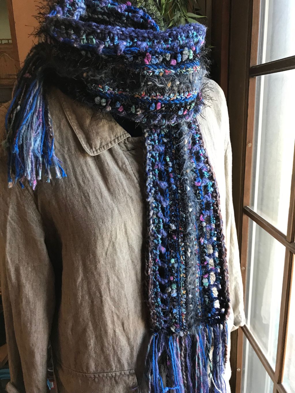 Crocheted Scarf Blue Black Gray Art Yarn