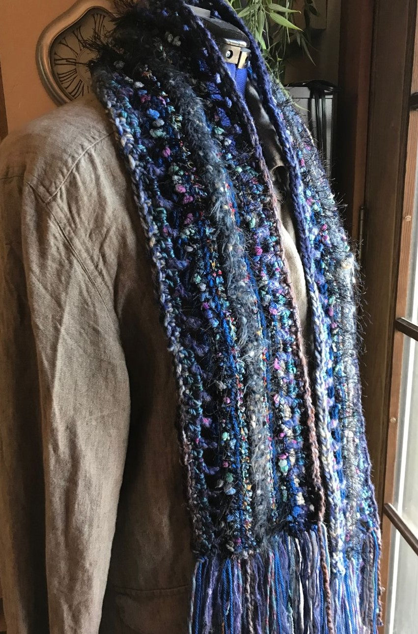 Crocheted Scarf Blue Black Gray Art Yarn