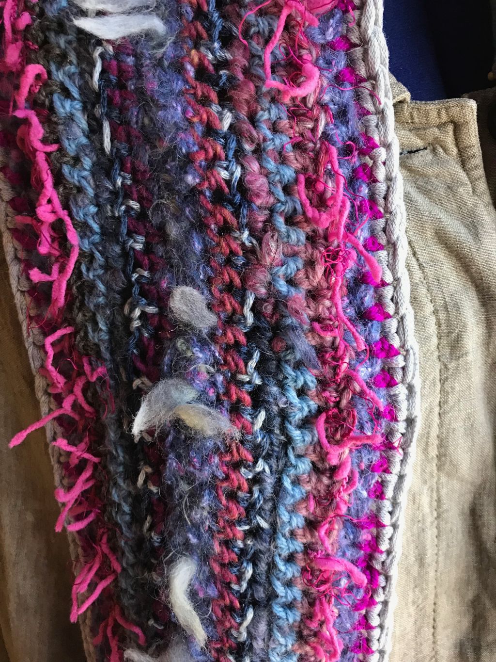Crocheted Scarf Pink Blue and Gray