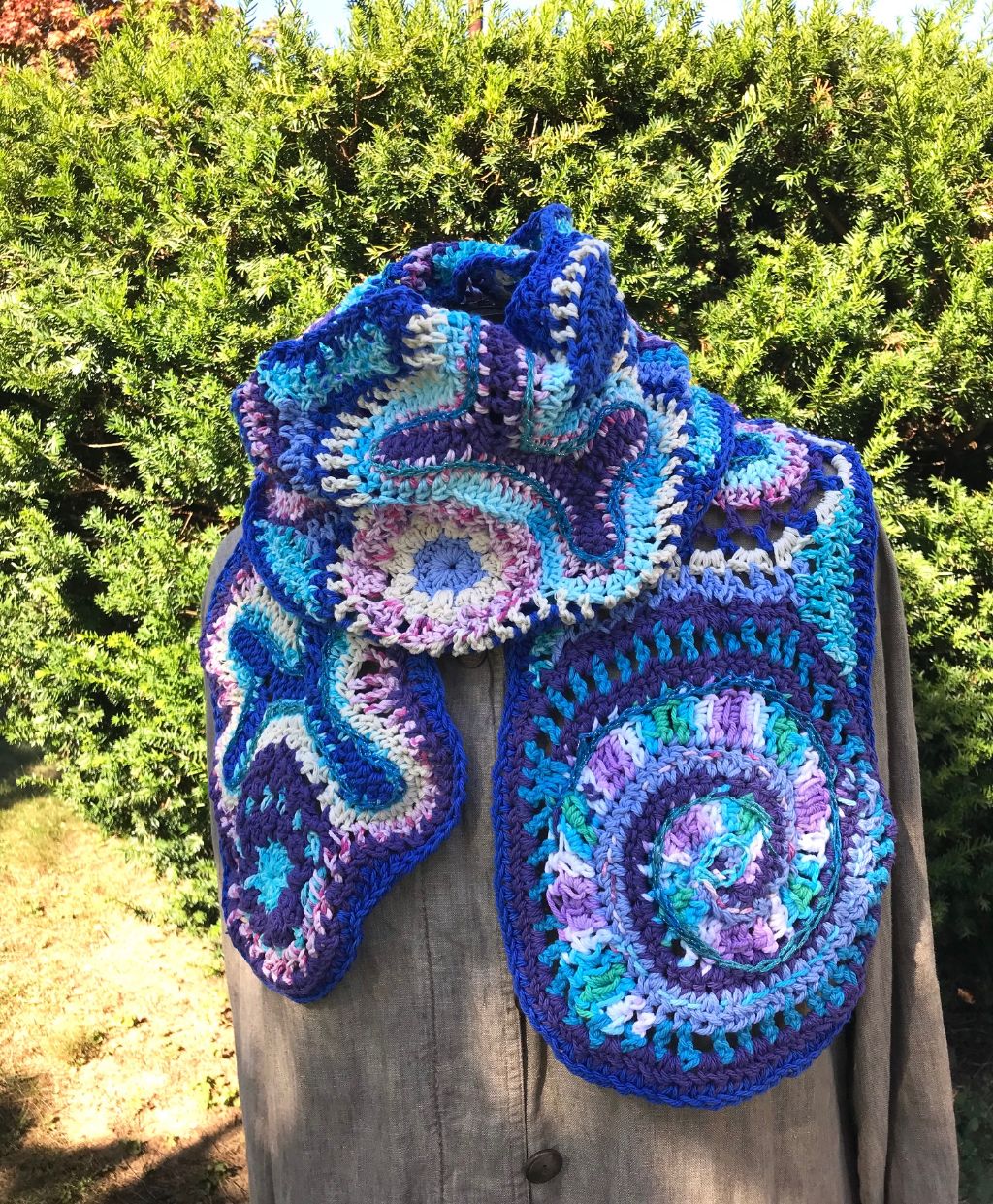 Free Form Crochet Scarf in Blues Purple and Pink