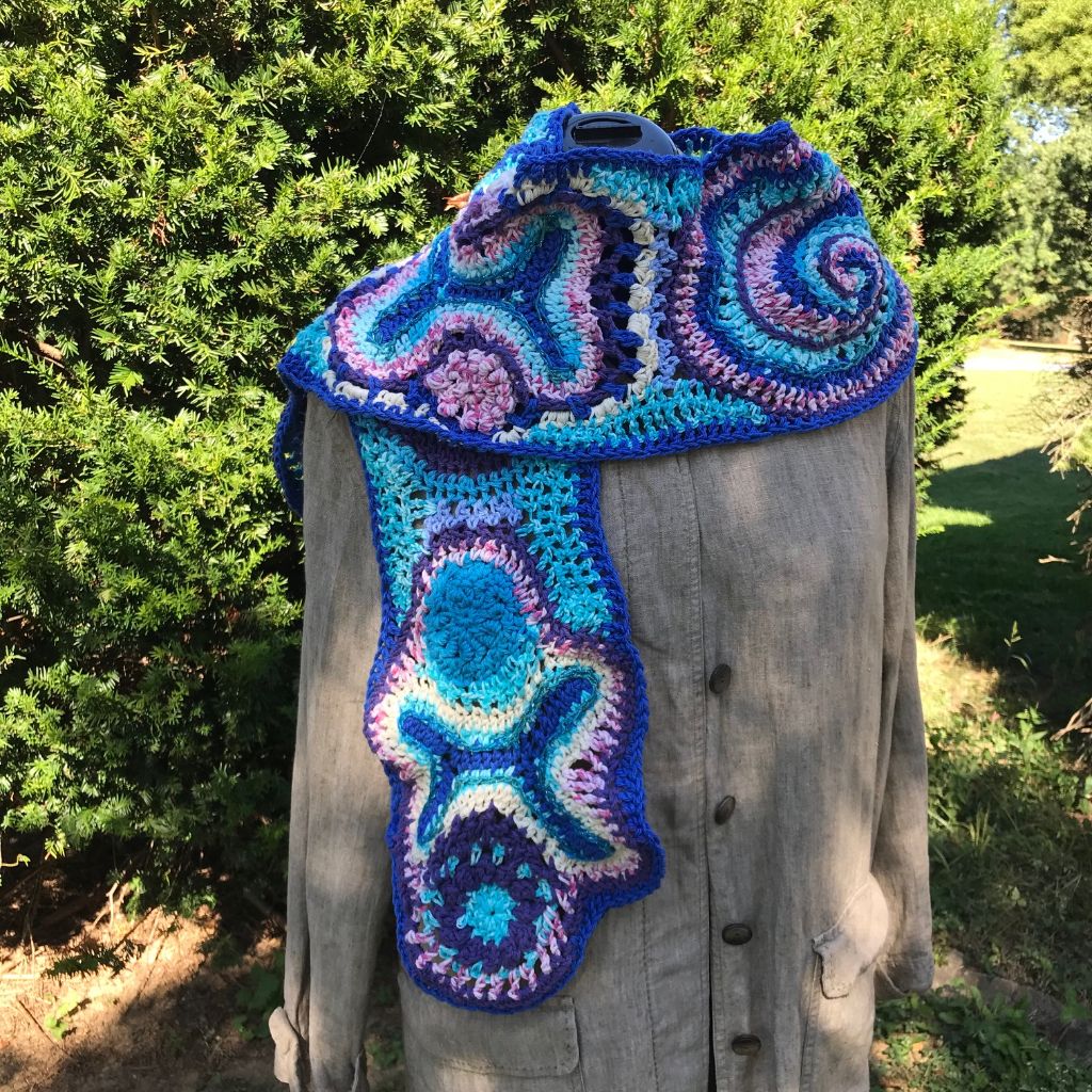 Free Form Crochet Scarf in Blues Purple and Pink