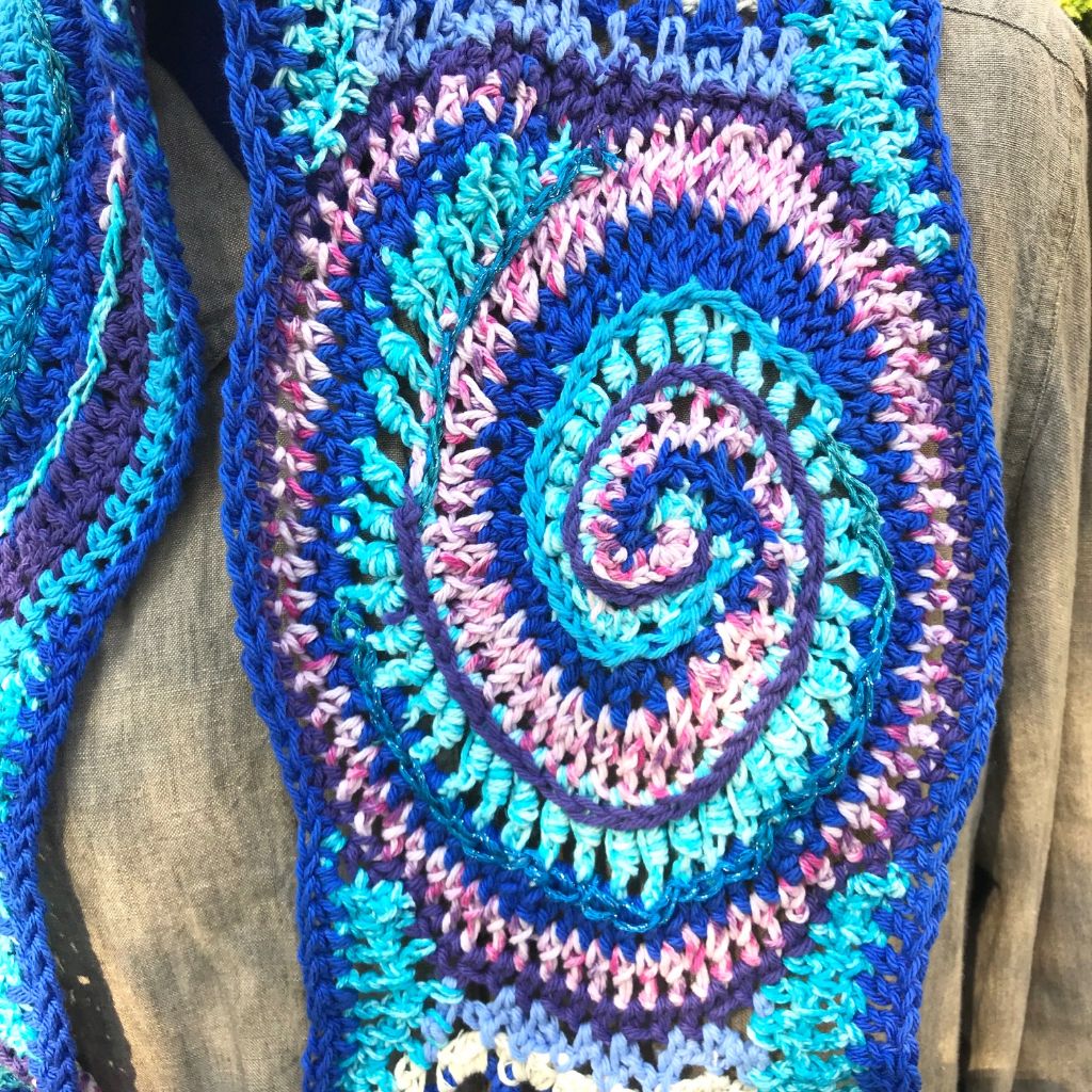 Free Form Crochet Scarf in Blues Purple and Pink