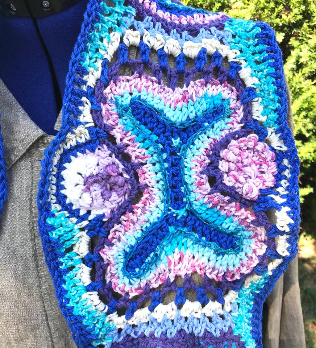 Free Form Crochet Scarf in Blues Purple and Pink