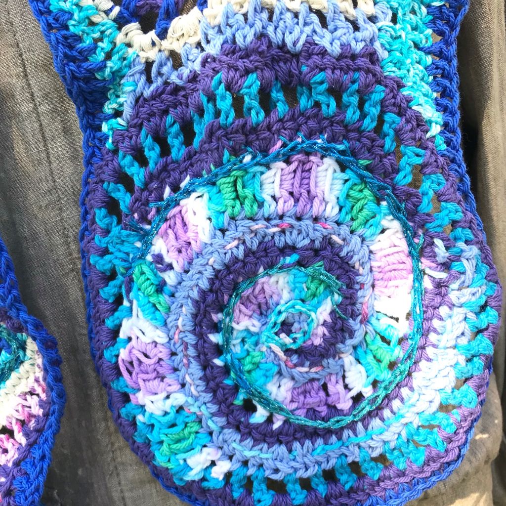 Free Form Crochet Scarf in Blues Purple and Pink