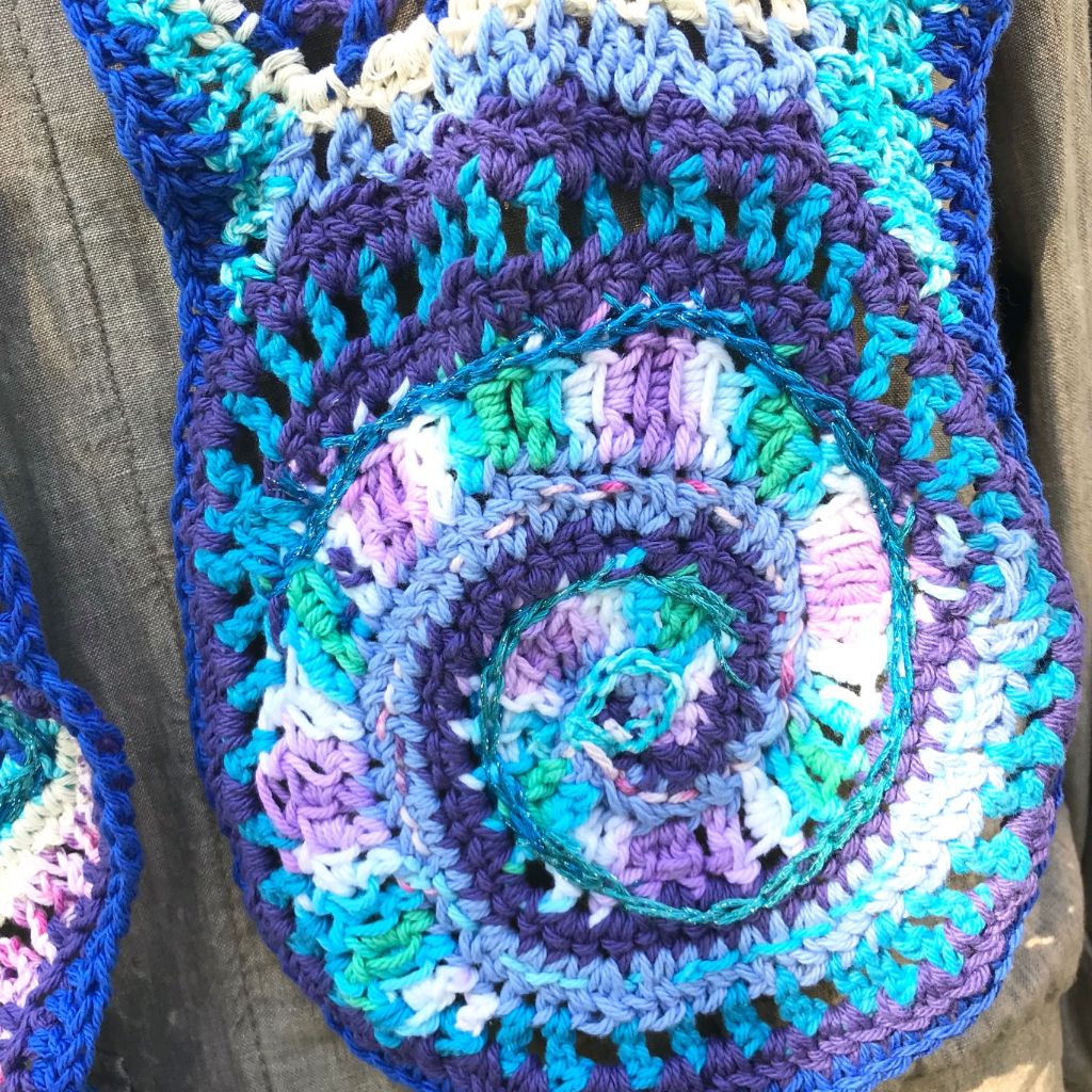 Free Form Crochet Scarf in Blues Purple and Pink