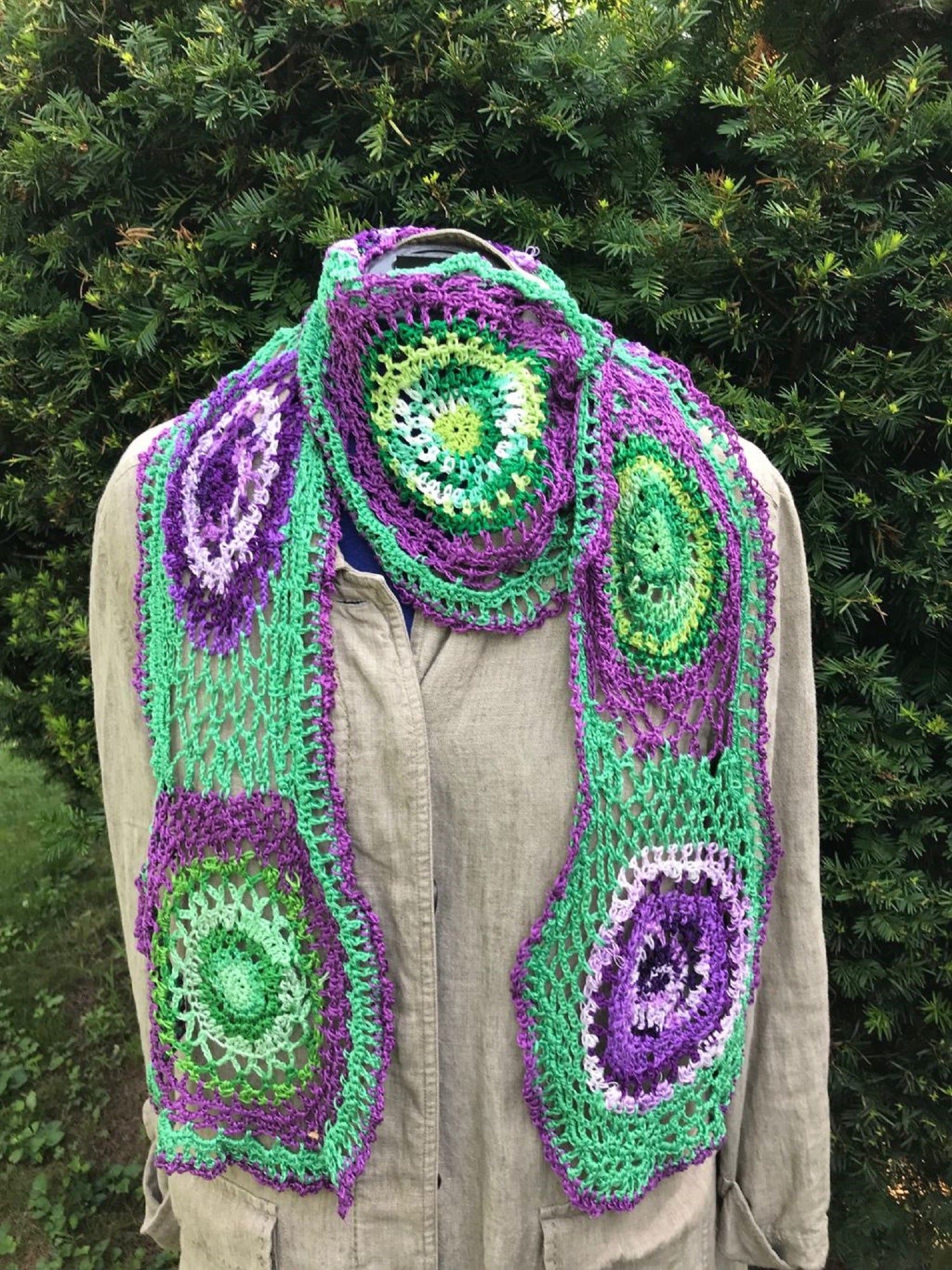 Purple Green Mandala Scarf Embroidery Floss Hand Woven