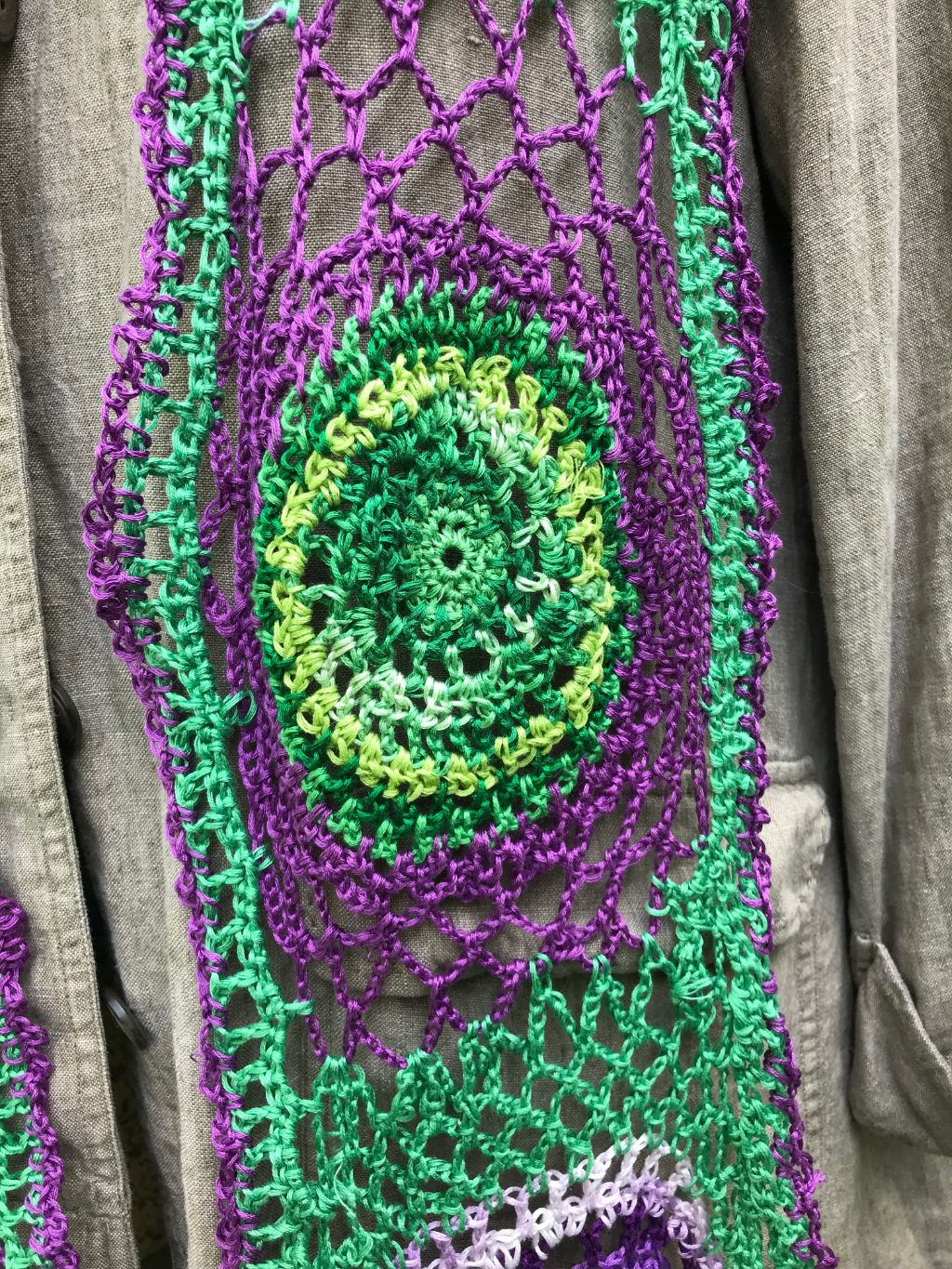 Purple Green Mandala Scarf Embroidery Floss Hand Woven