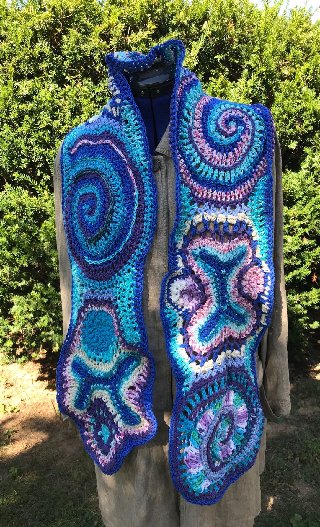 Free Form Crochet Scarf in Blues Purple and Pink