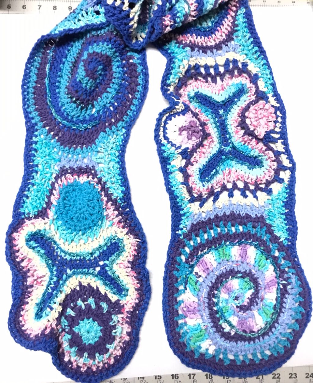 Free Form Crochet Scarf in Blues Purple and Pink