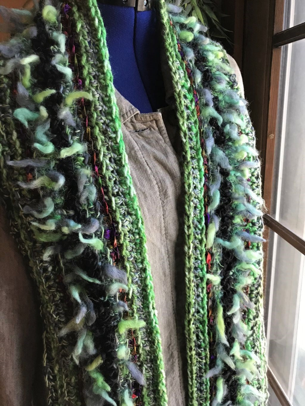 Crocheted Scarf Green with Black Accent Art Yarns