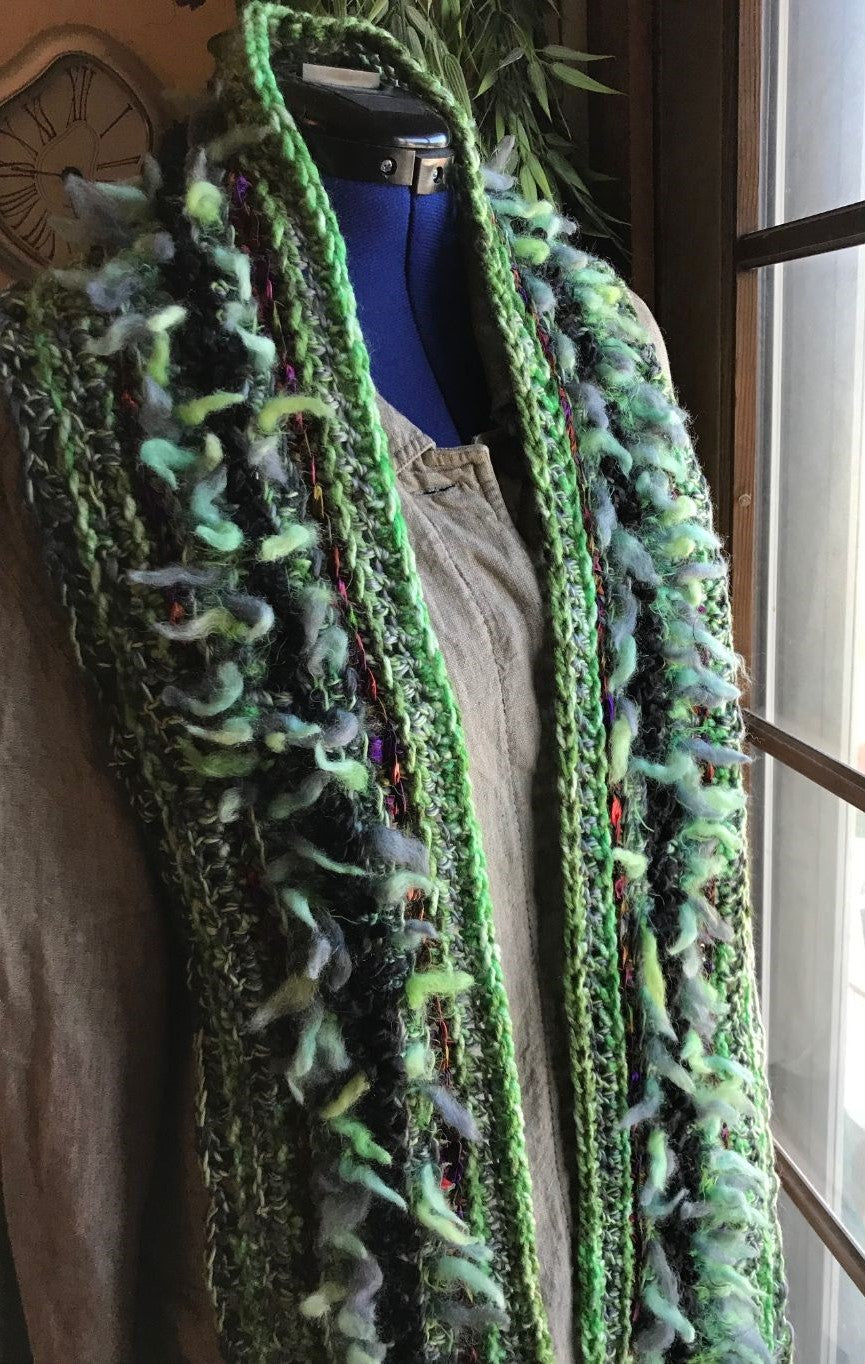 Crocheted Scarf Green with Black Accent Art Yarns