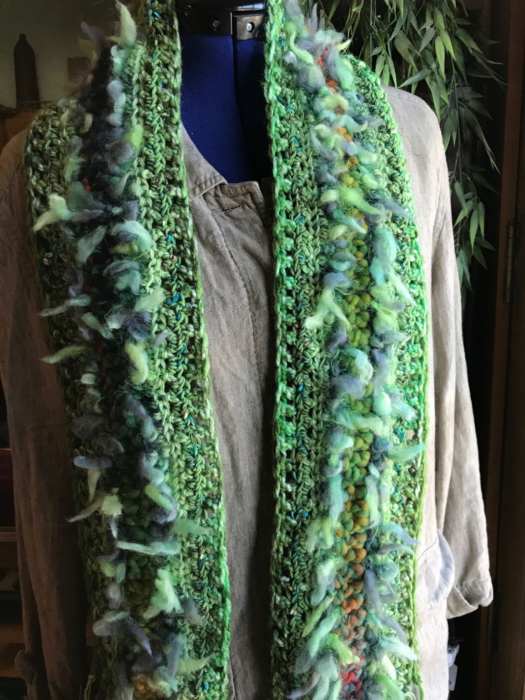 Crocheted Scarf Green Double Fluff Rust Accents
