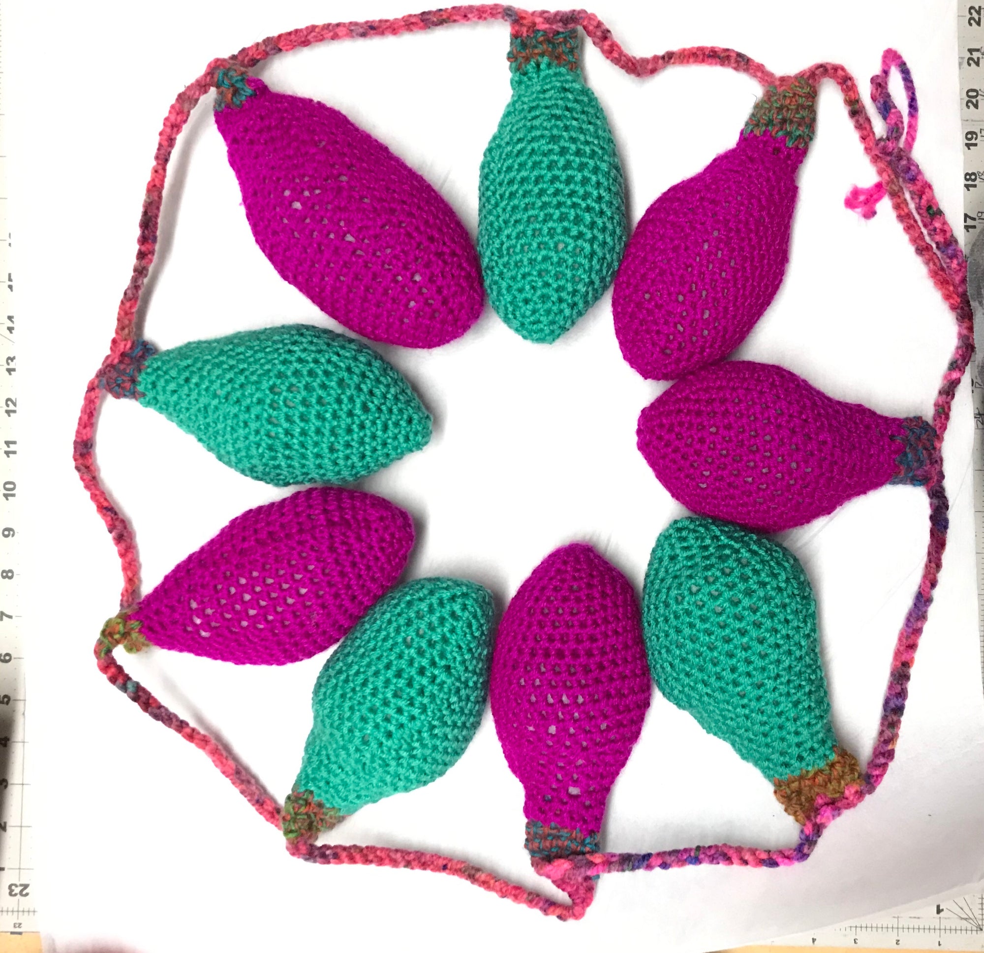Large Crochet String of Lights magenta and Aqua