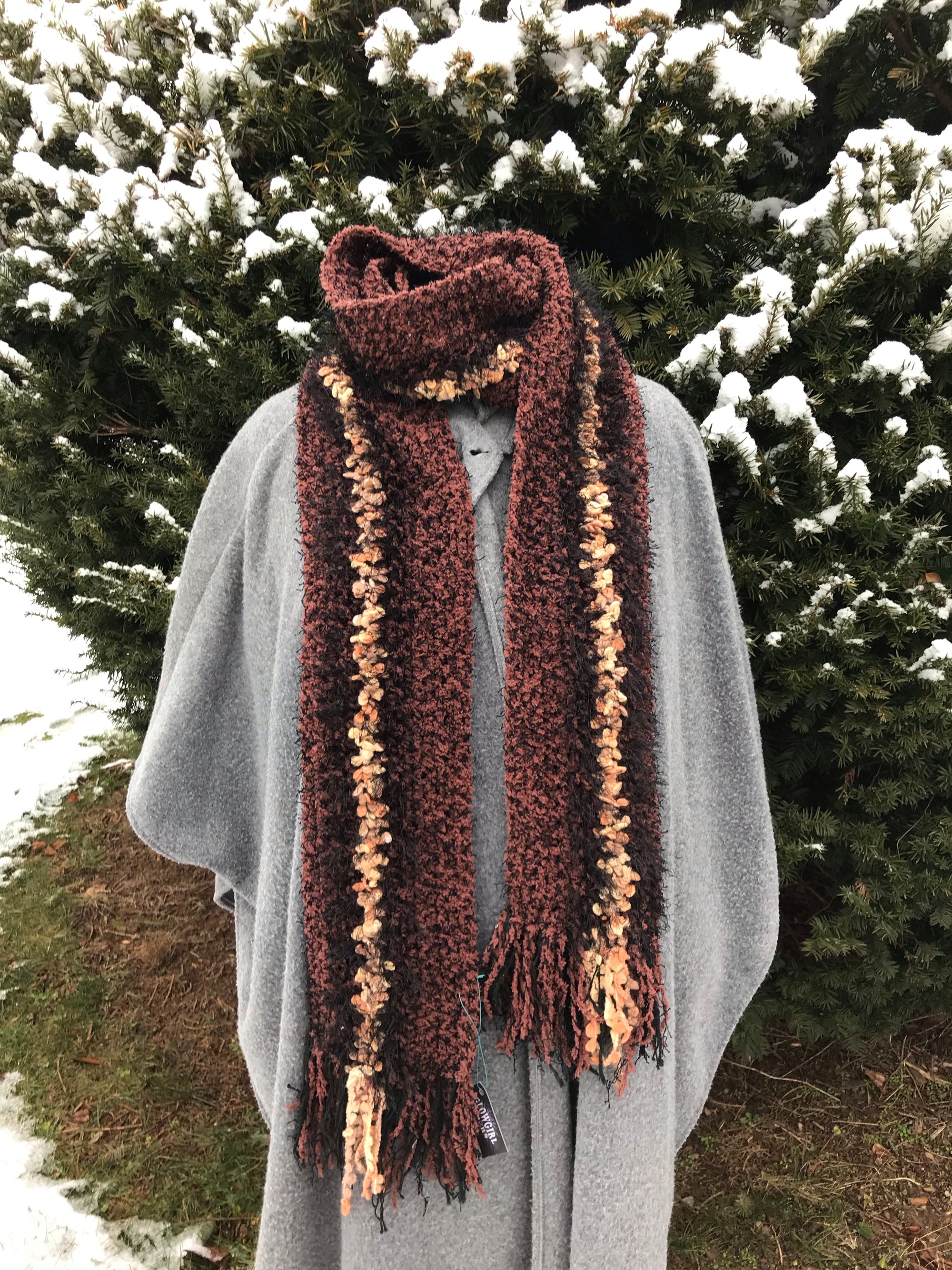 Crochet Scarf Black Brown and Creme Extra Long