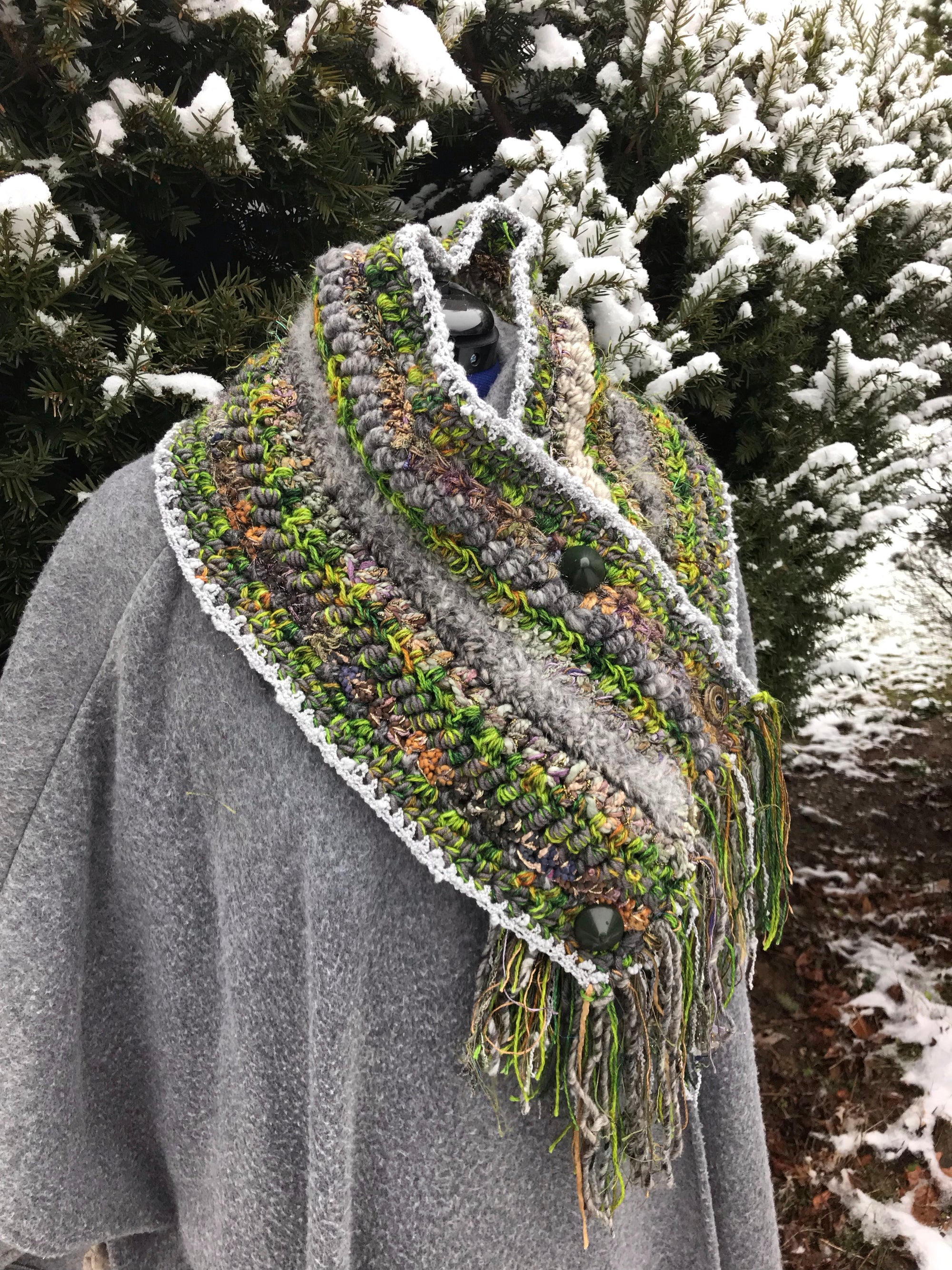 Cowl Neck Warmer Scarf Gray and Moss Green