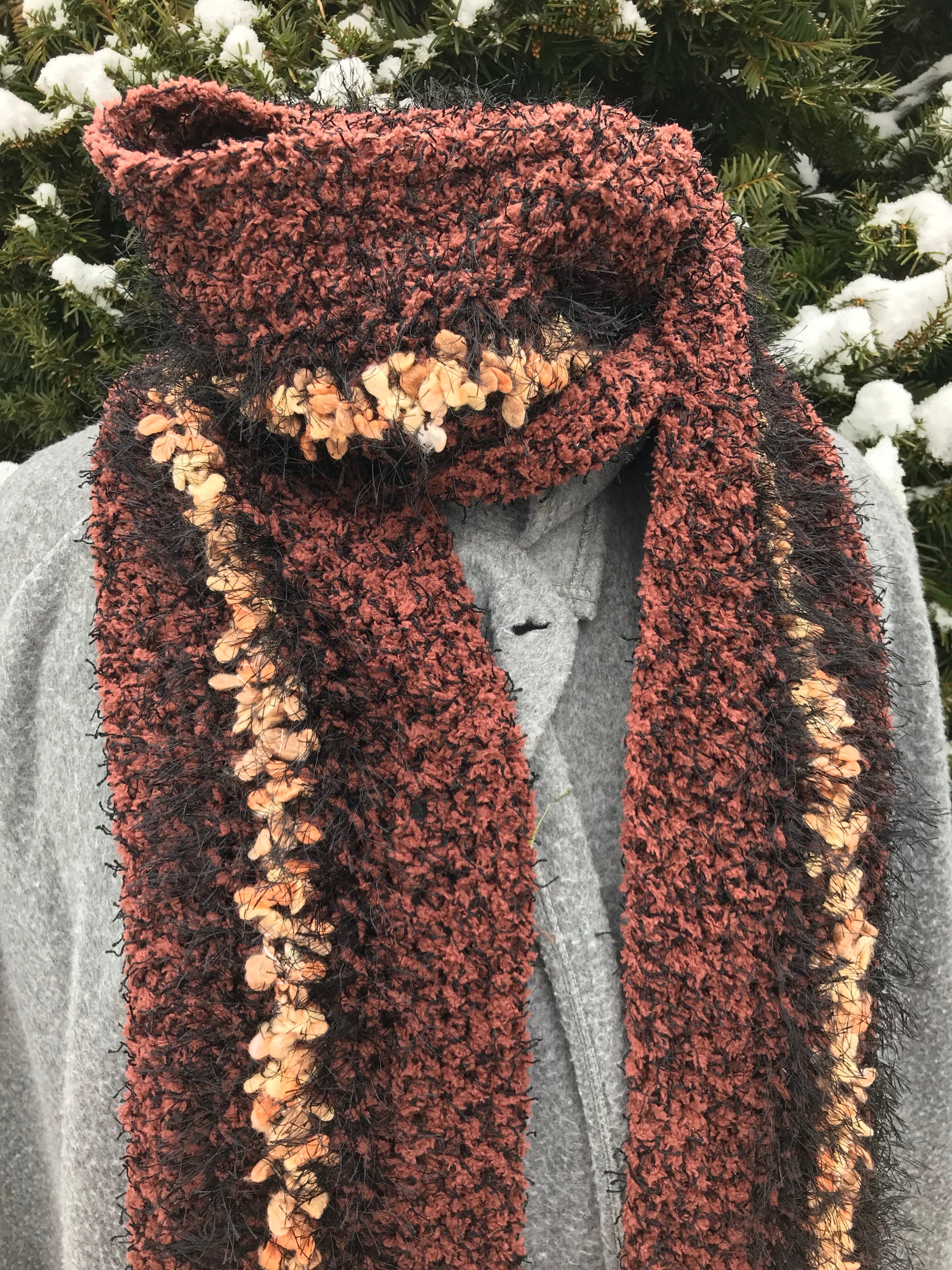 Crochet Scarf Black Brown and Creme Extra Long