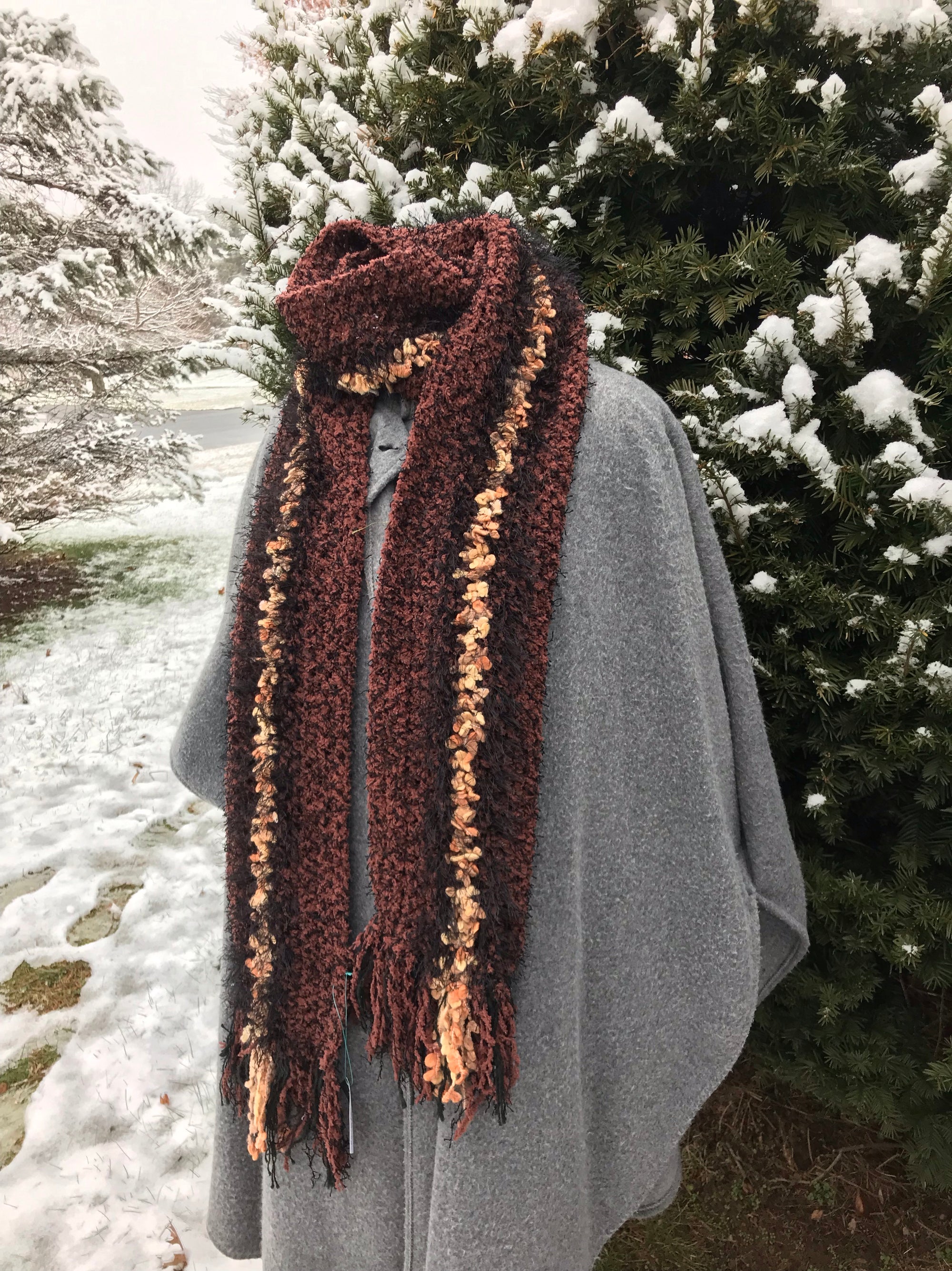 Crochet Scarf Black Brown and Creme Extra Long