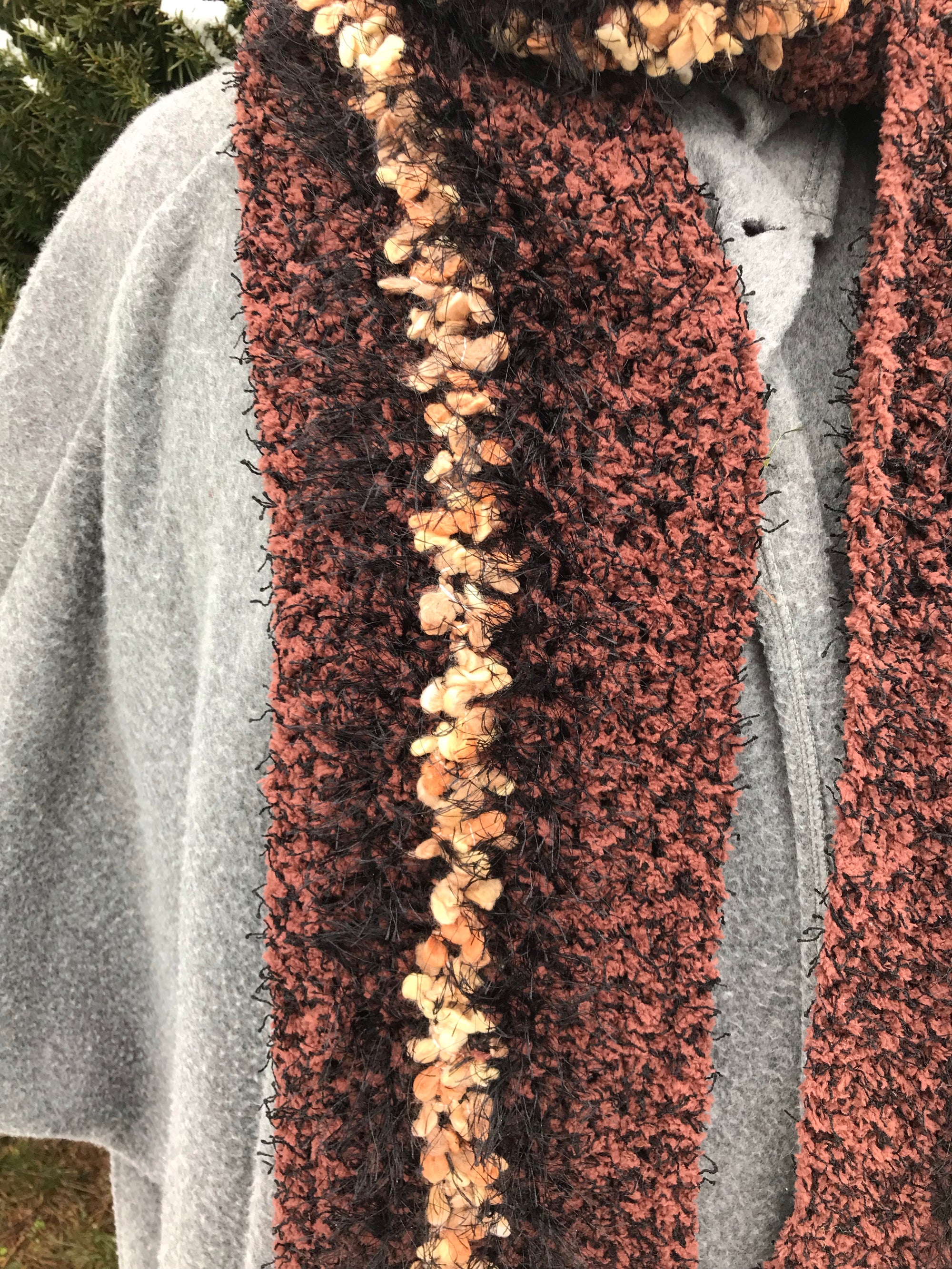 Crochet Scarf Black Brown and Creme Extra Long