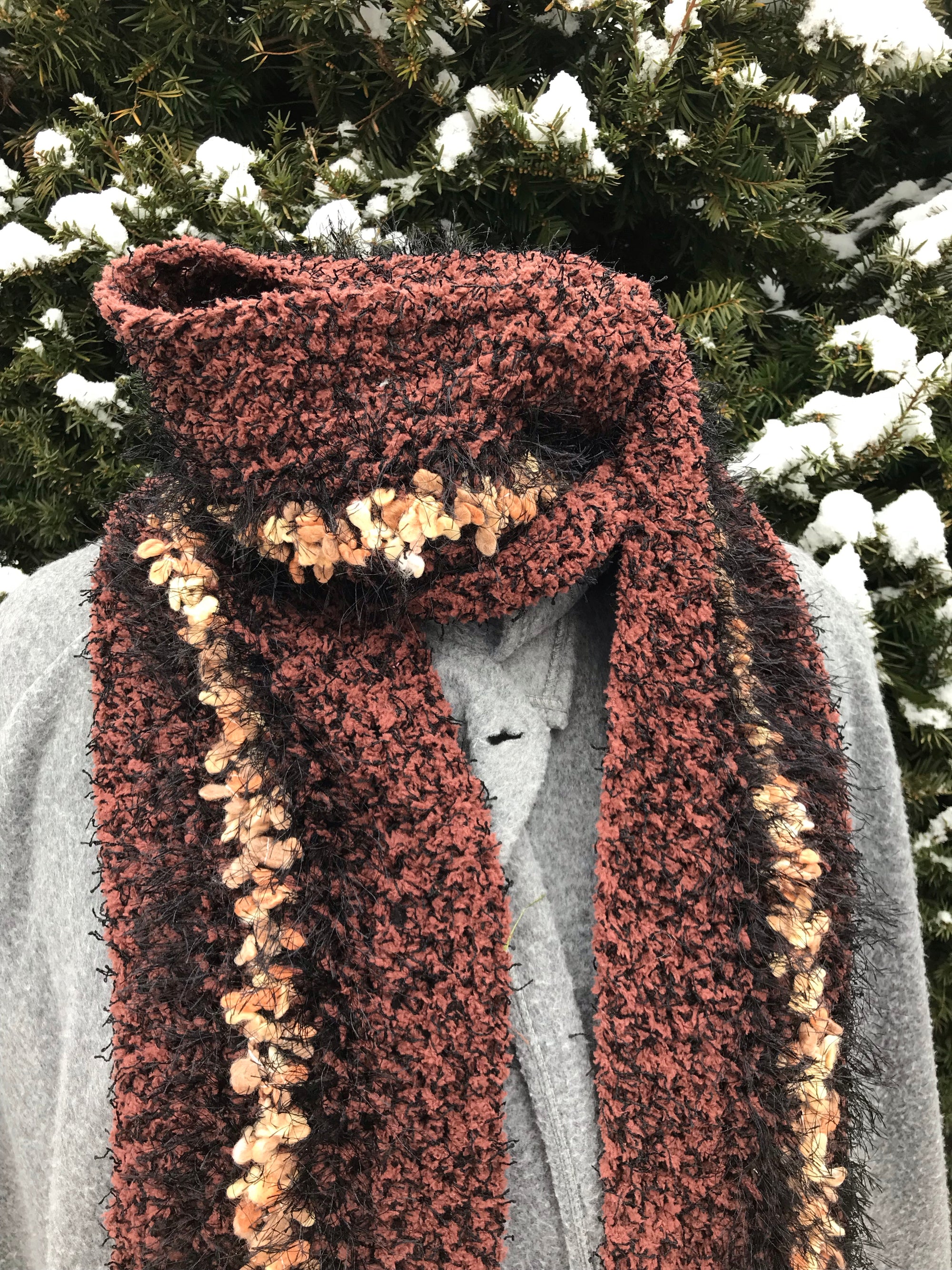 Crochet Scarf Black Brown and Creme Extra Long GlowGirl Fibers