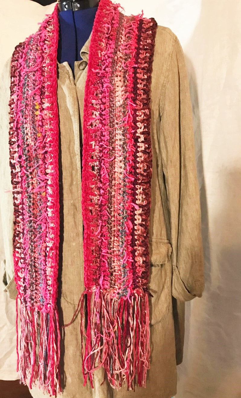 Crocheted Scarf Pink and Burgundy Art Yarns